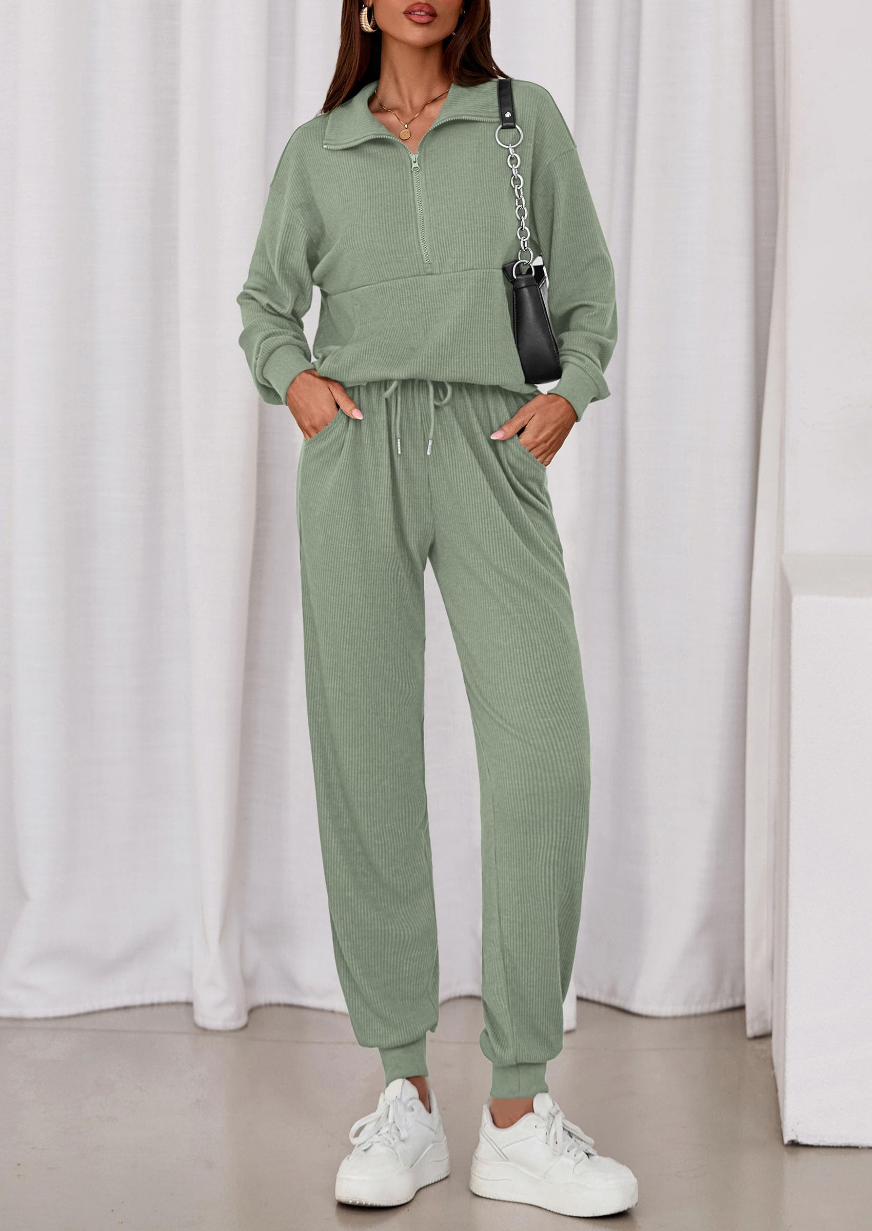 Airport Travel Outfit Women Ribbed Knit Matching Lounge Sets