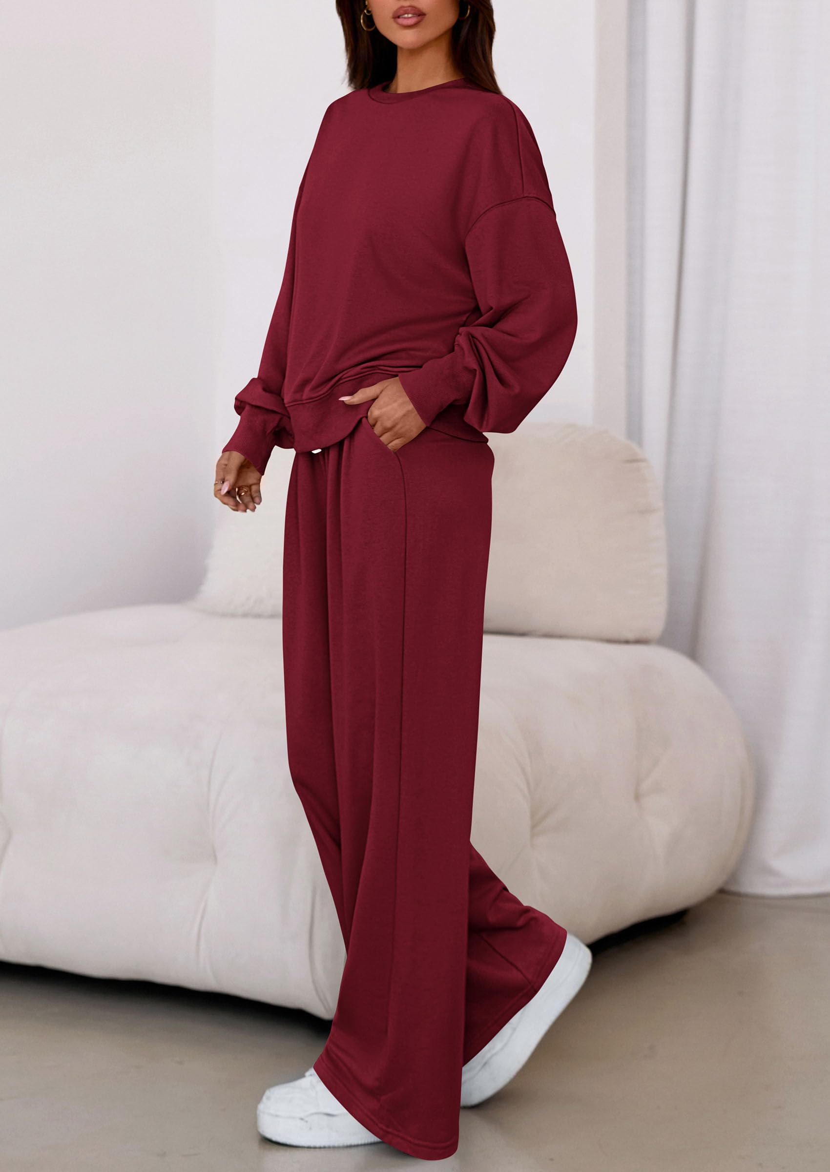 Womens Loose Fit Casual 2 Piece Lounge Set,Wine Red,S