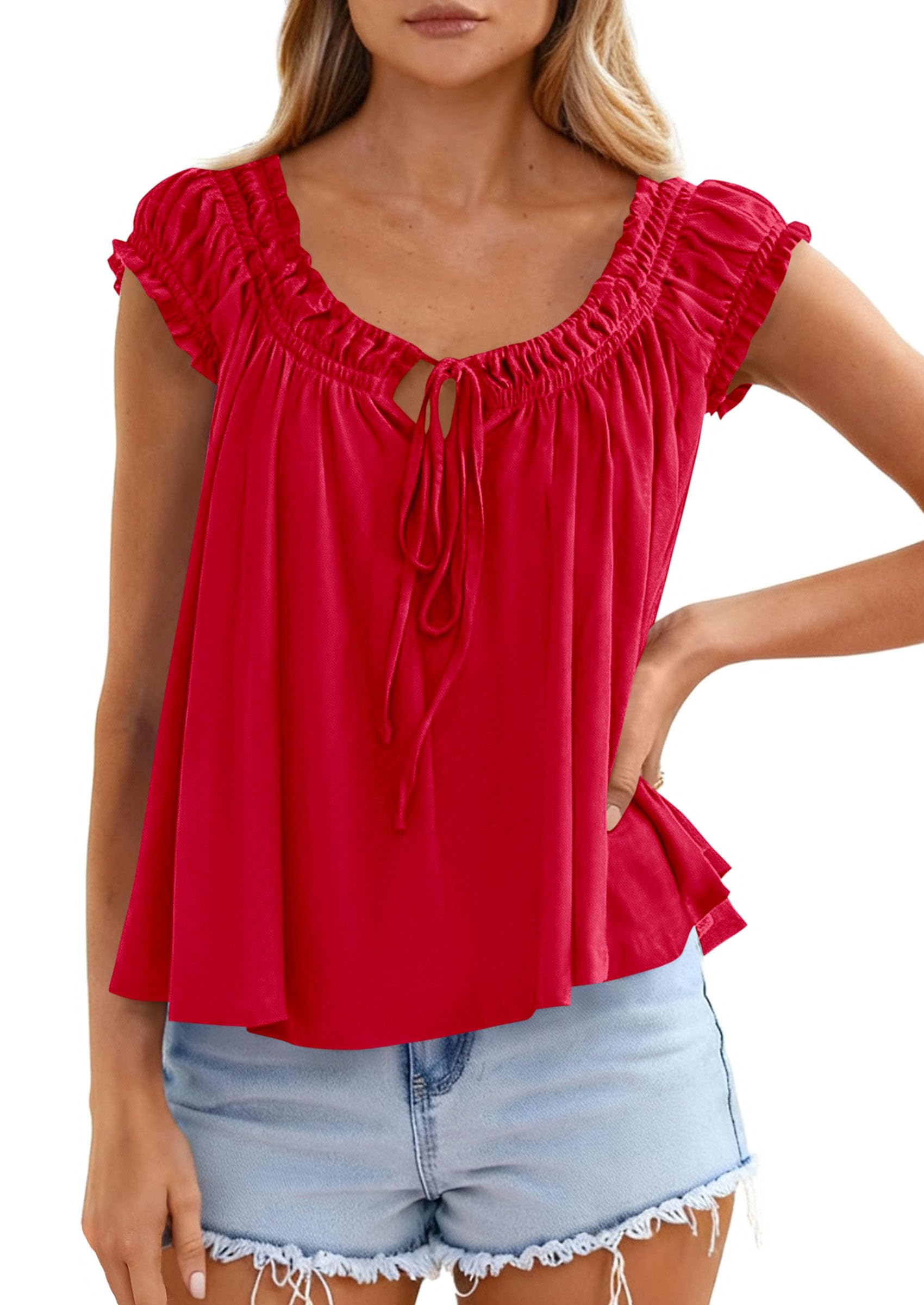 Womens Summer Tank Tops Babydoll Peplum Blouses,Red,S