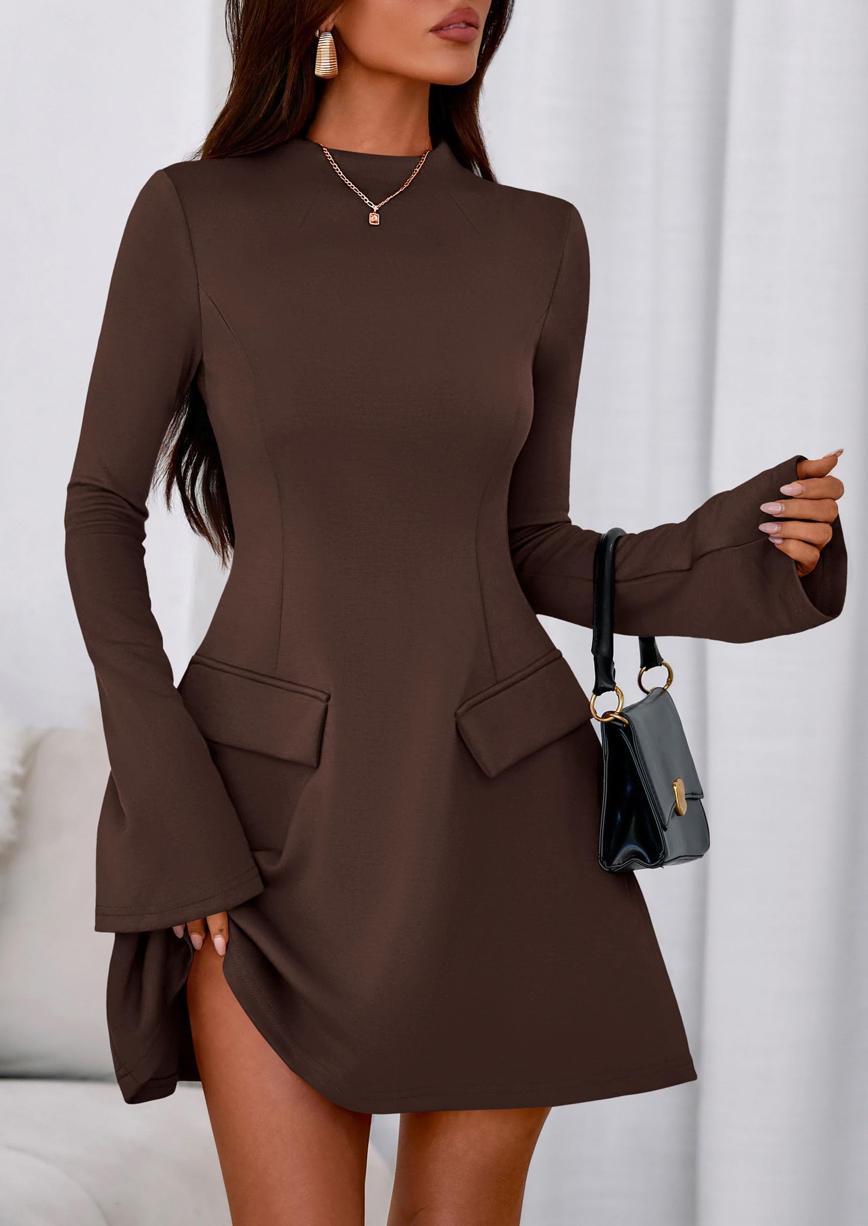 Women's Fall Bell Sleeve Short Dress,Brown,XS