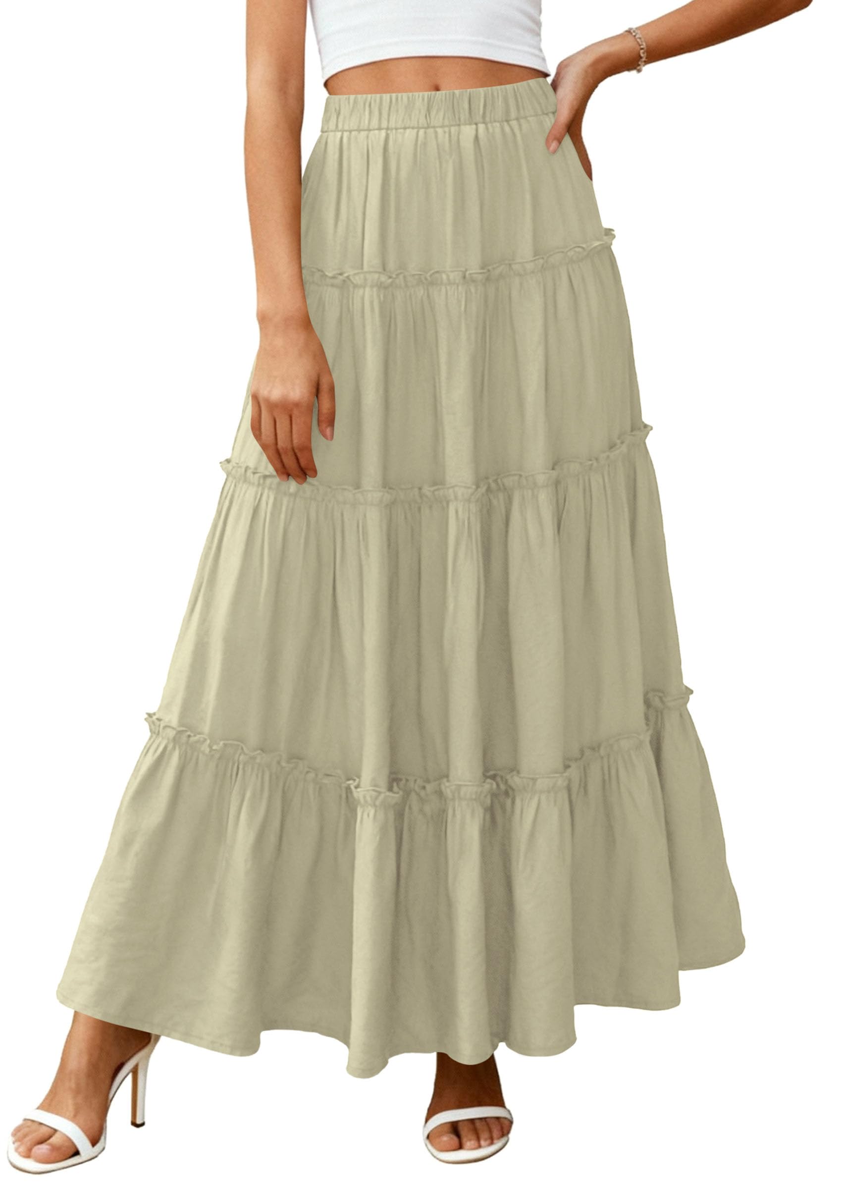 Women's Boho Tiered Ruffle Flowy Maxi Skirt, Sage Green,S