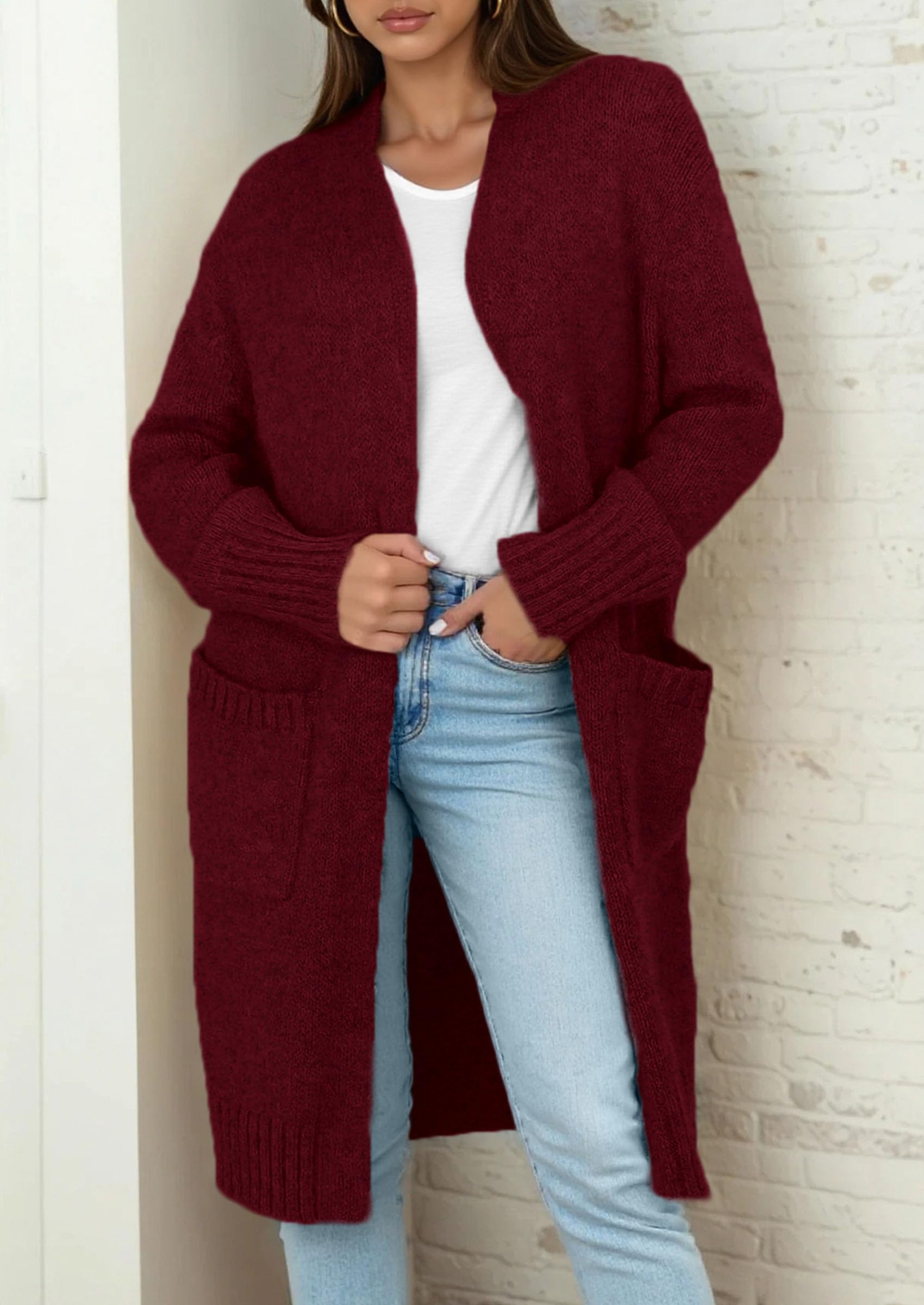 Open Front Cardigan Sweaters for Women,Wine Red,S