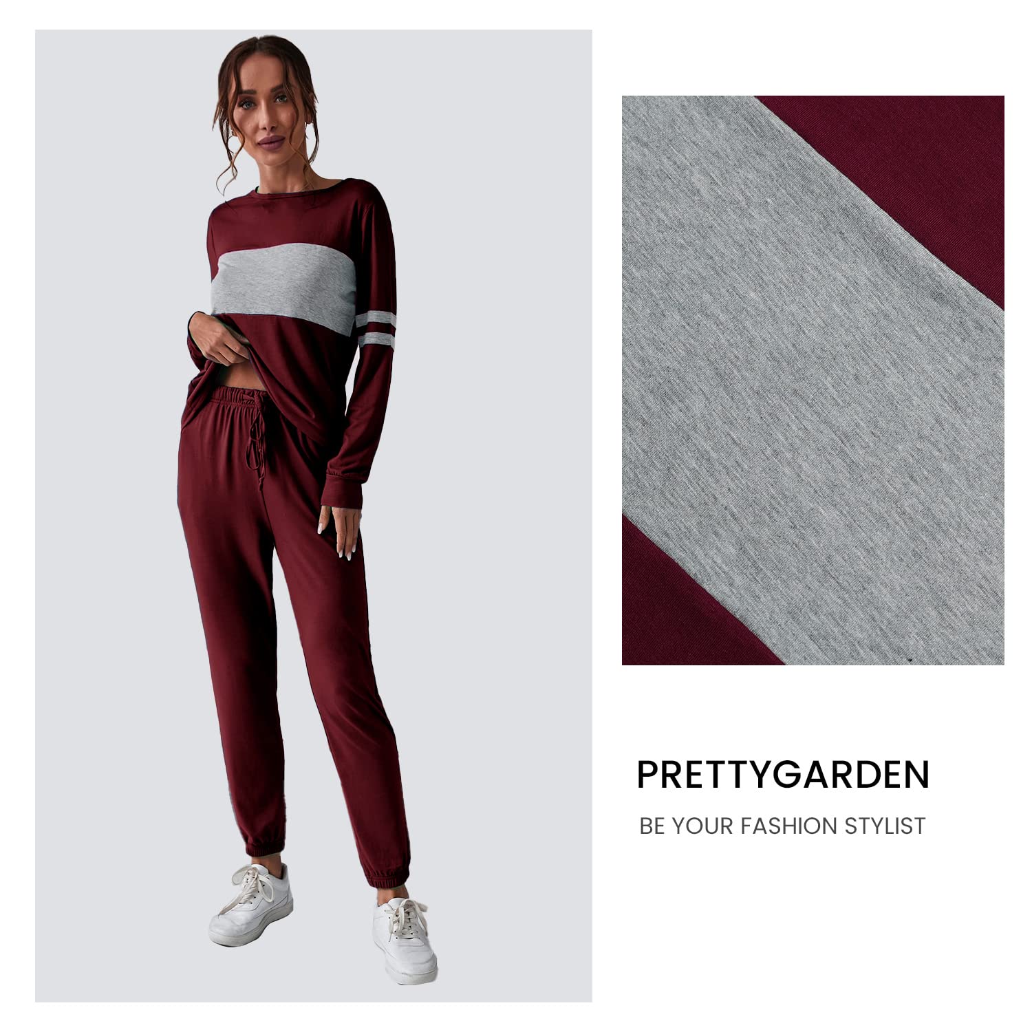 Women Color Block 2 Piece Sets Tracksuit,Wine Red,S