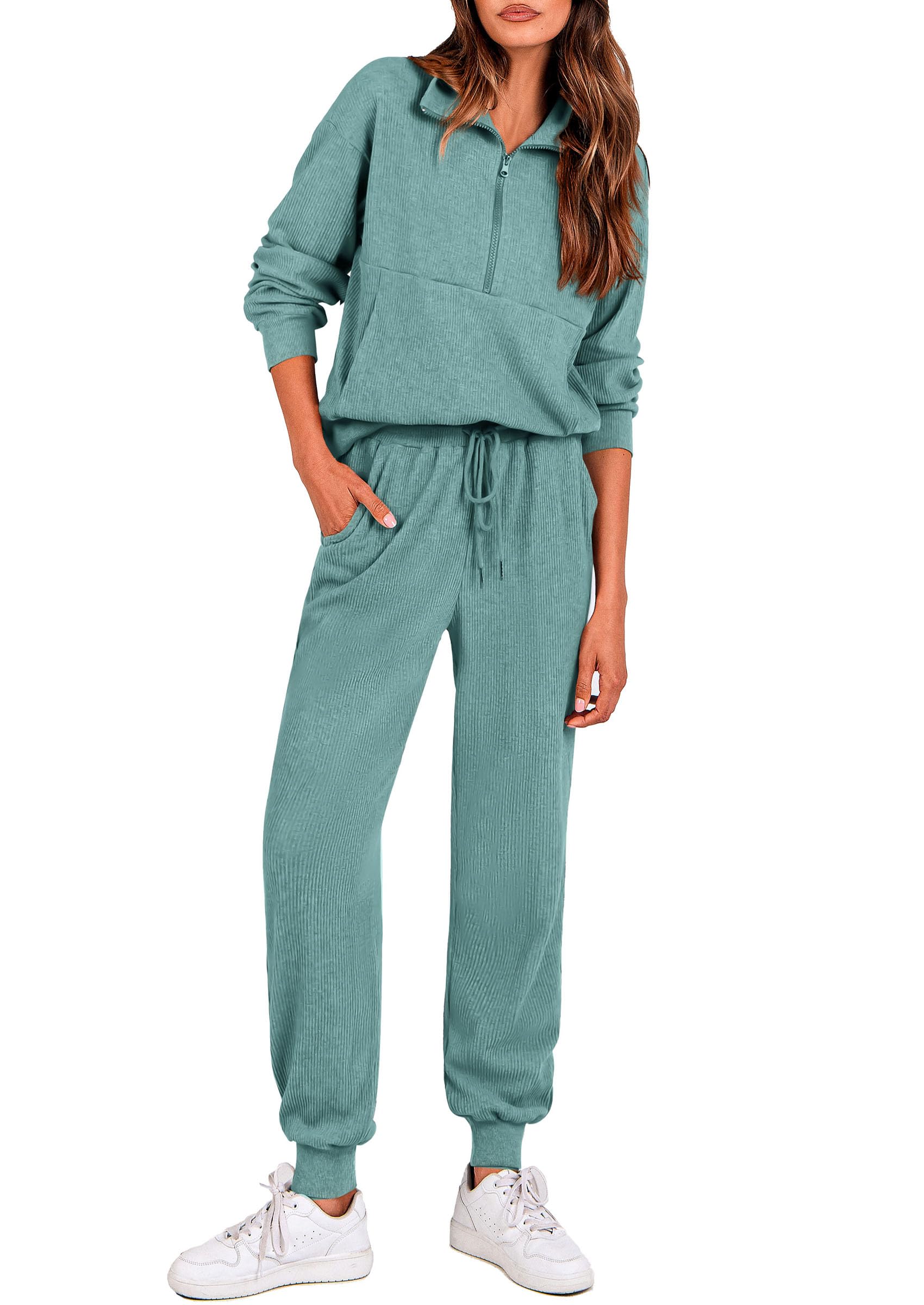 Airport Travel Outfit Women Ribbed Knit Matching Lounge Sets