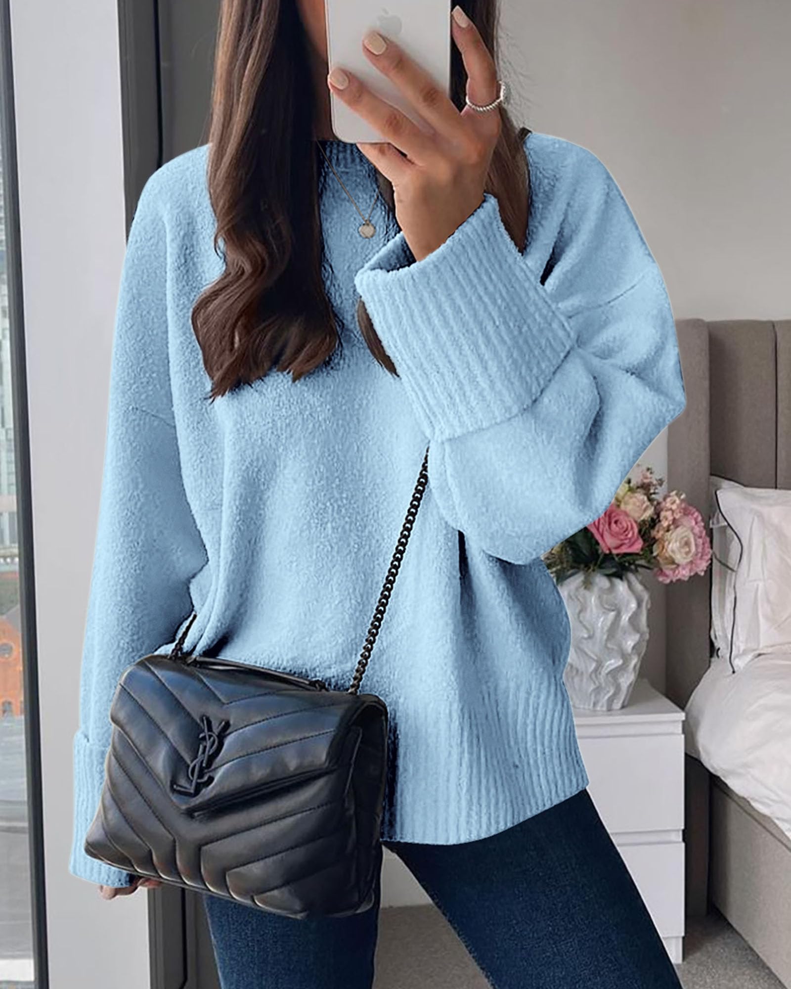 Women's Fall Fashion Cozy Oversized Sweaters(Light Blue,XS)