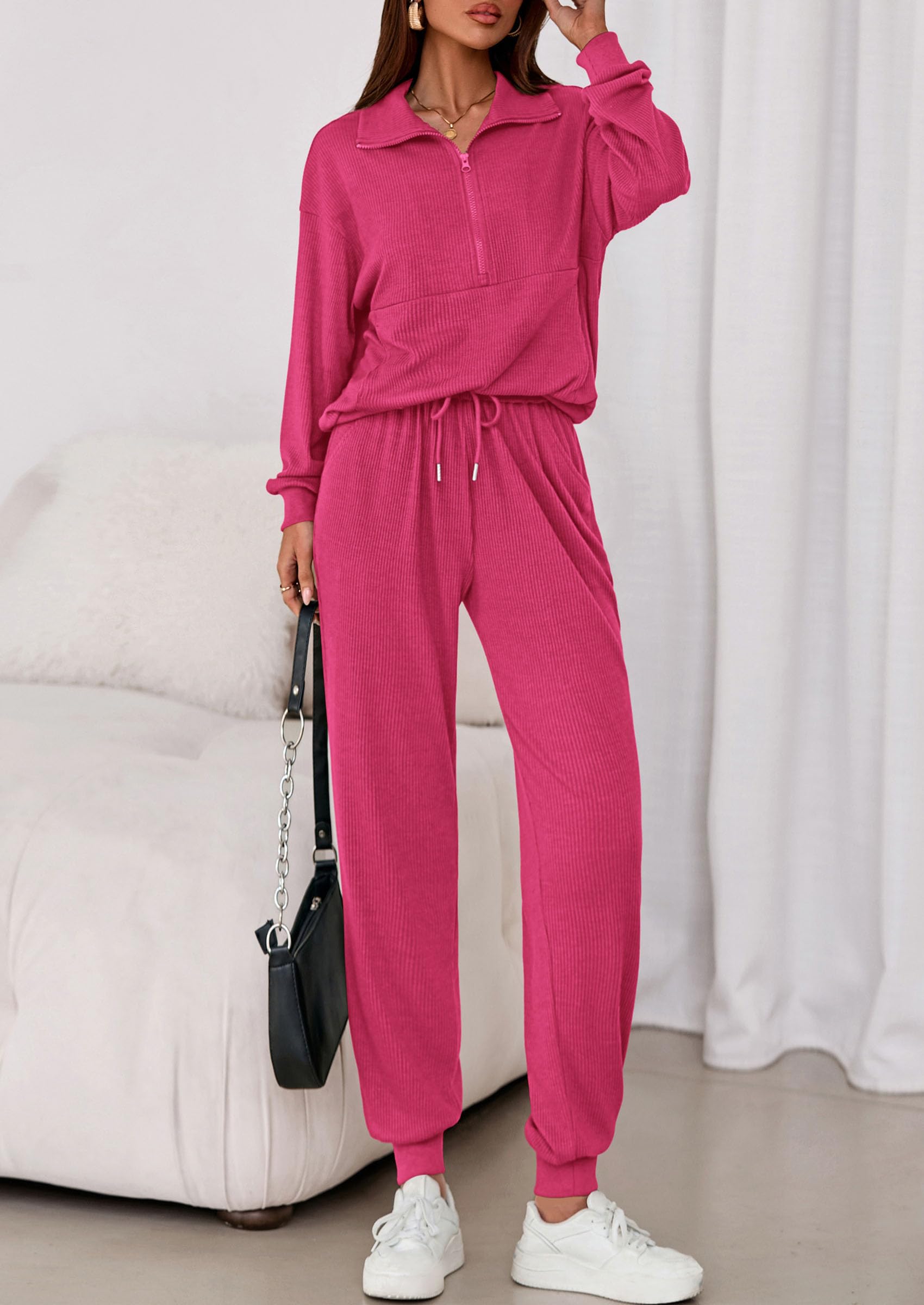Airport Travel Outfit Women Ribbed Knit Matching Lounge Sets