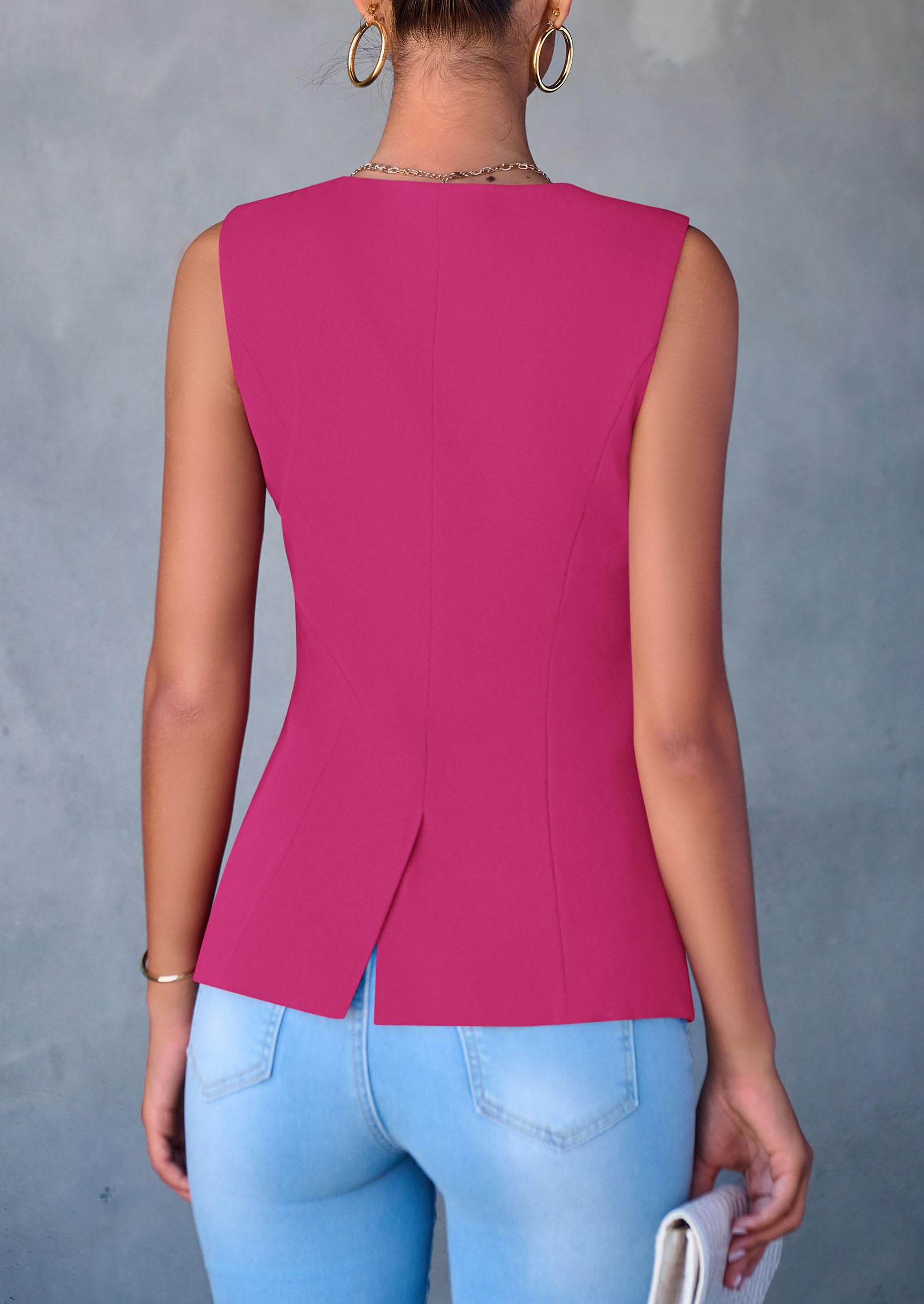 Women Tailored Suit Vest Business Casual Tops, Rose Red,M