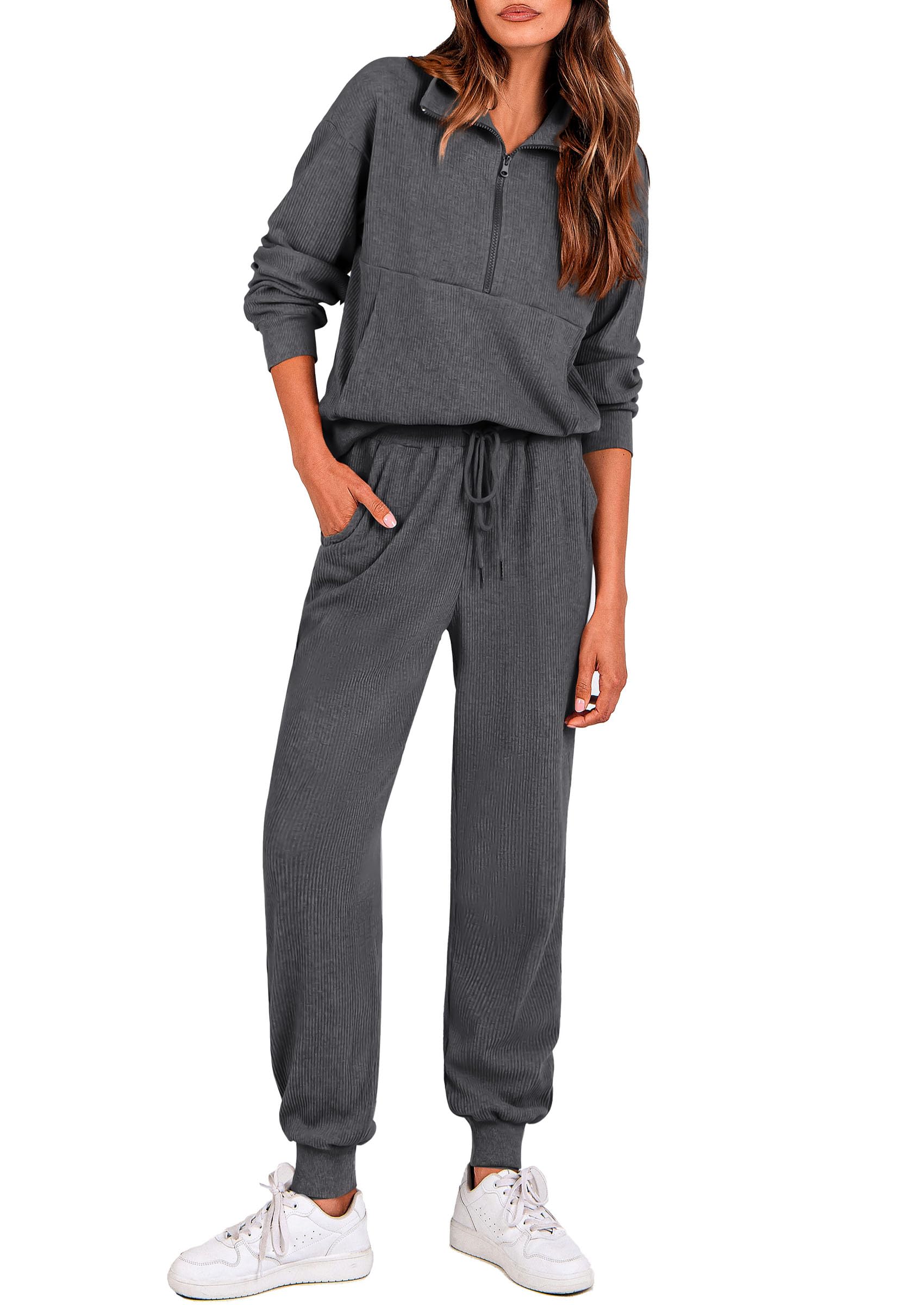 Airport Travel Outfit Women Ribbed Knit Matching Lounge Sets