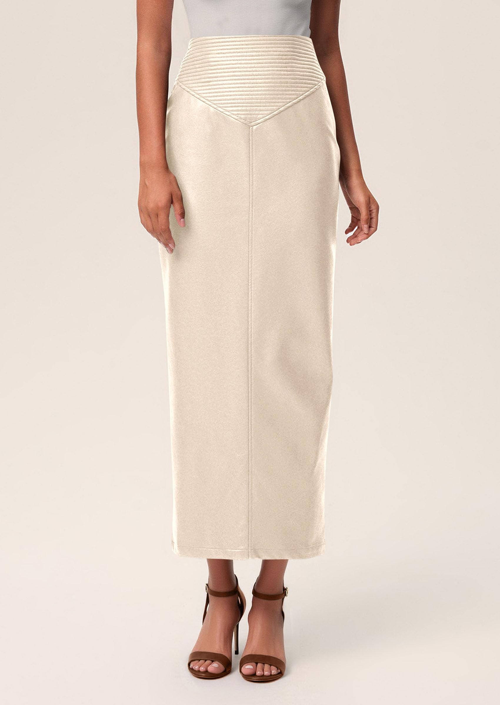 Women's Faux Leather High Waisted Maxi Skirts,Beige,XS