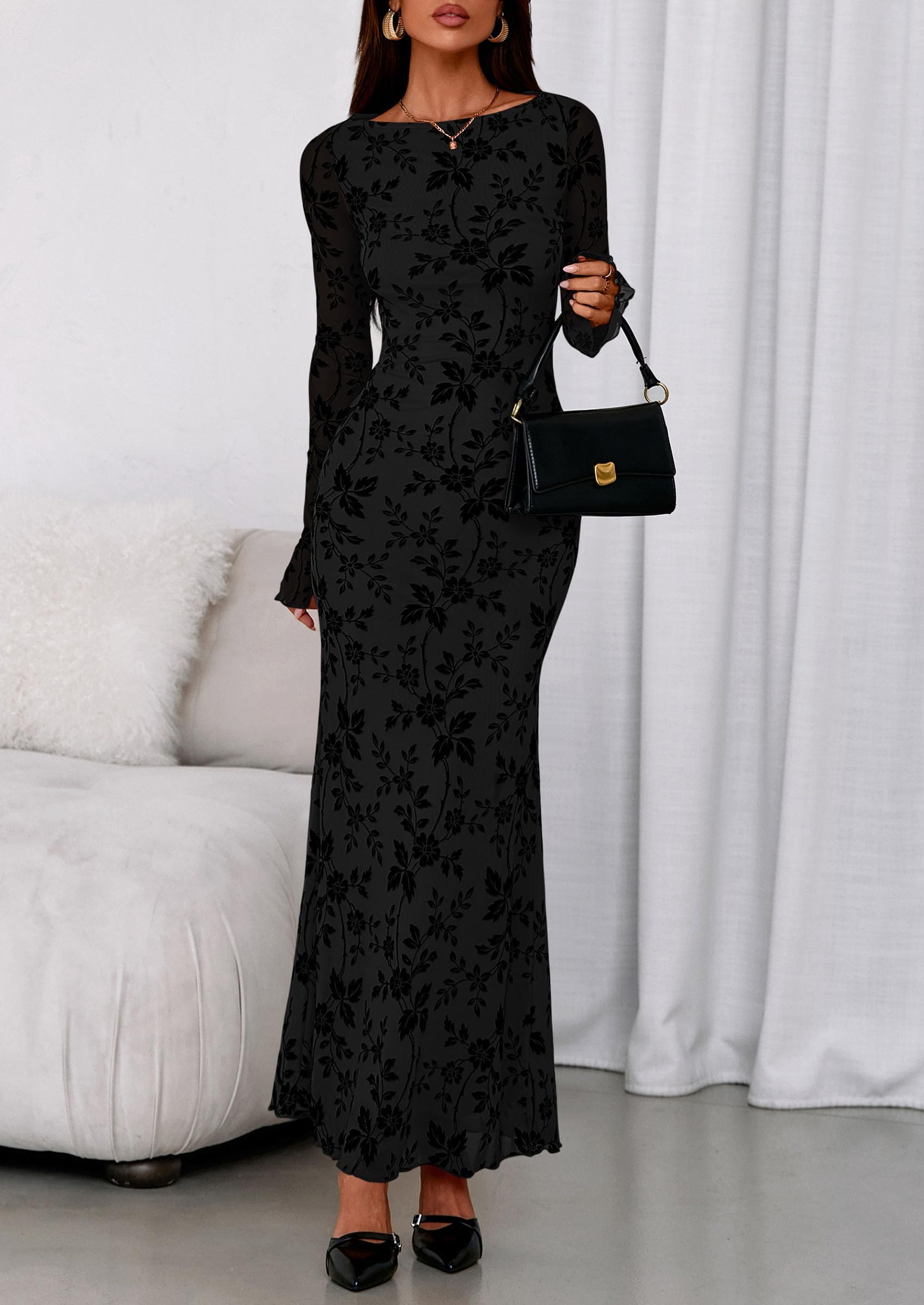 Women's Floral Bodycon Maxi Dress Wedding Guest Dresses Black