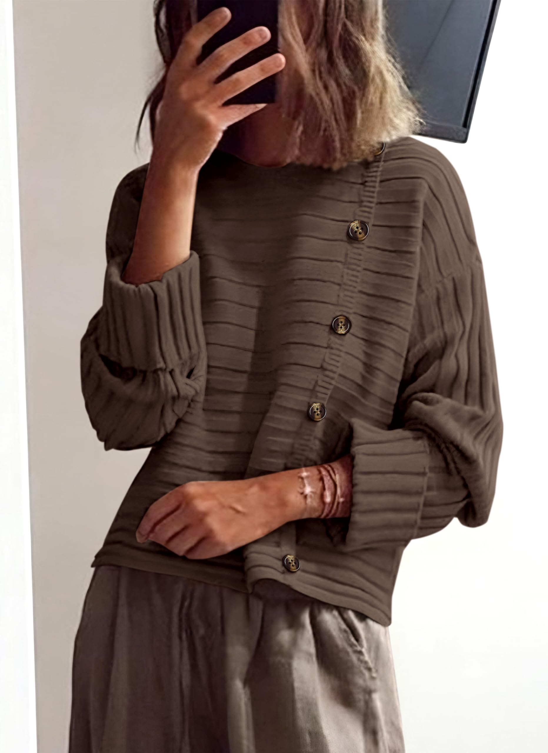 Womens Asymmetric Button Long Sleeve Sweater,Coffee,S