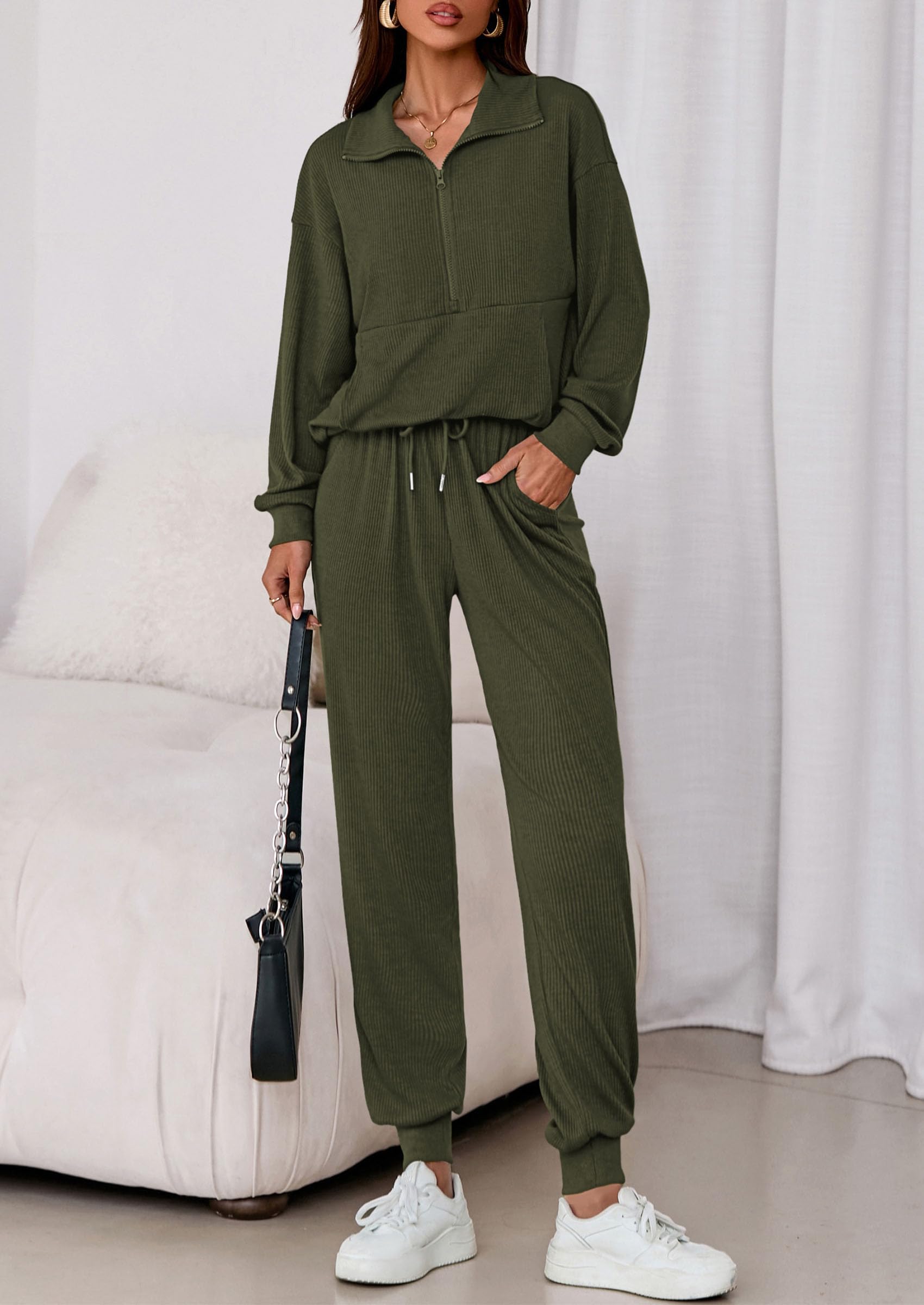 Airport Travel Outfit Women Ribbed Knit Matching Lounge Sets