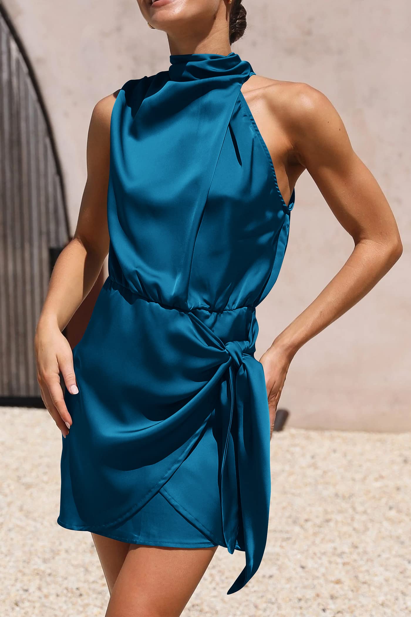 Women's Short Formal Satin Dress Summer Sleeveless Mock Neck Tie Waist Cocktail Party Dresses (Navy,Small)