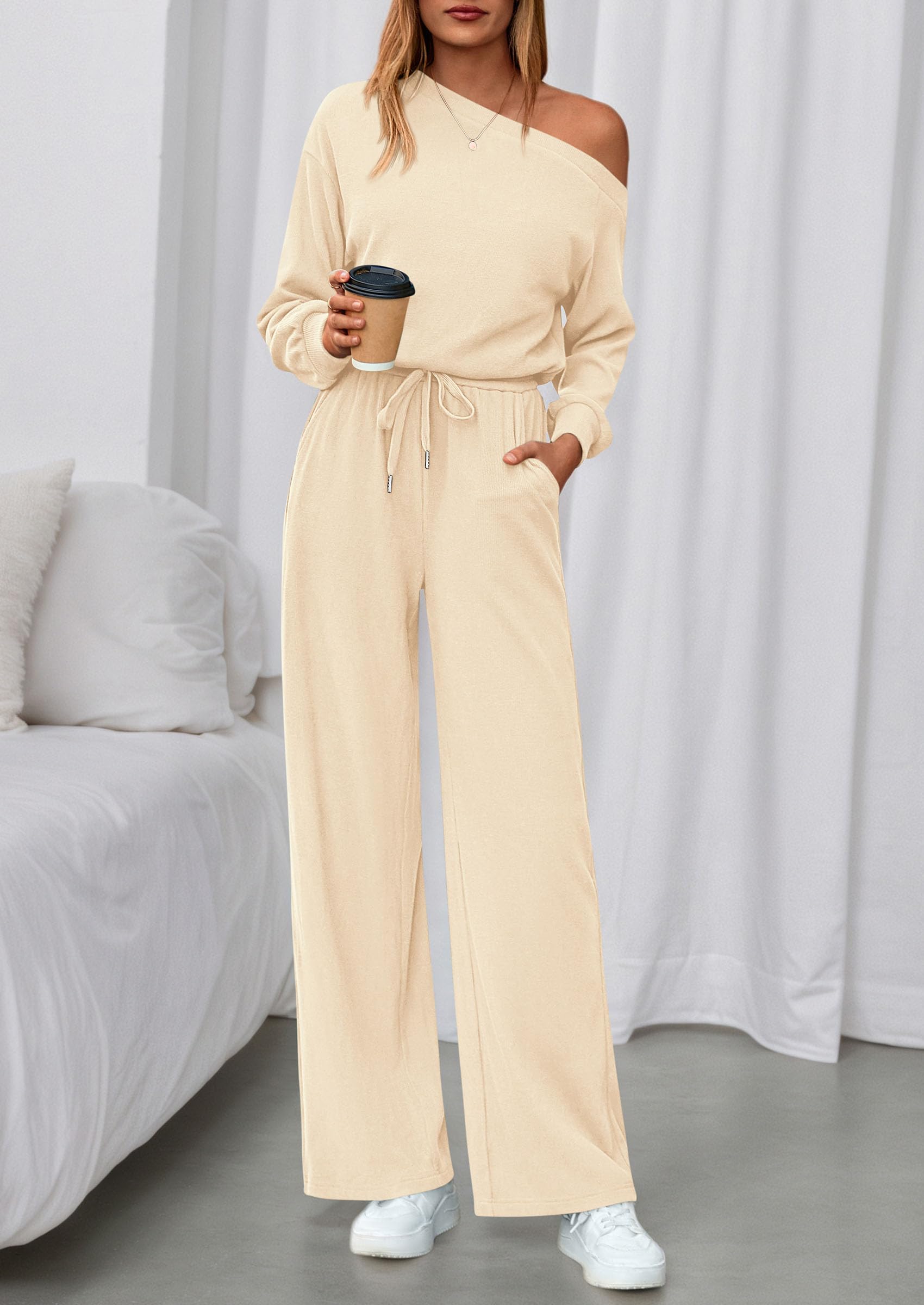 Womens Off Shoulder Long Sleeve Jumpsuit,Apricot,M