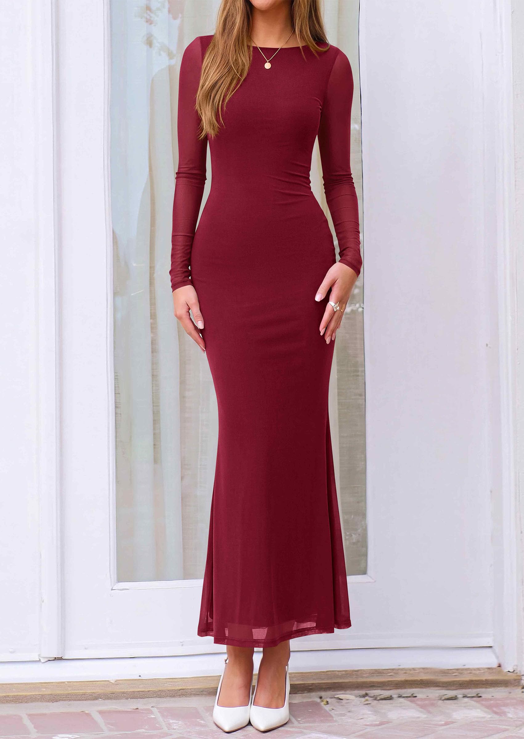 Women's Mesh Long Sleeve Maxi Dress Fall Wedding Guest Dresses
