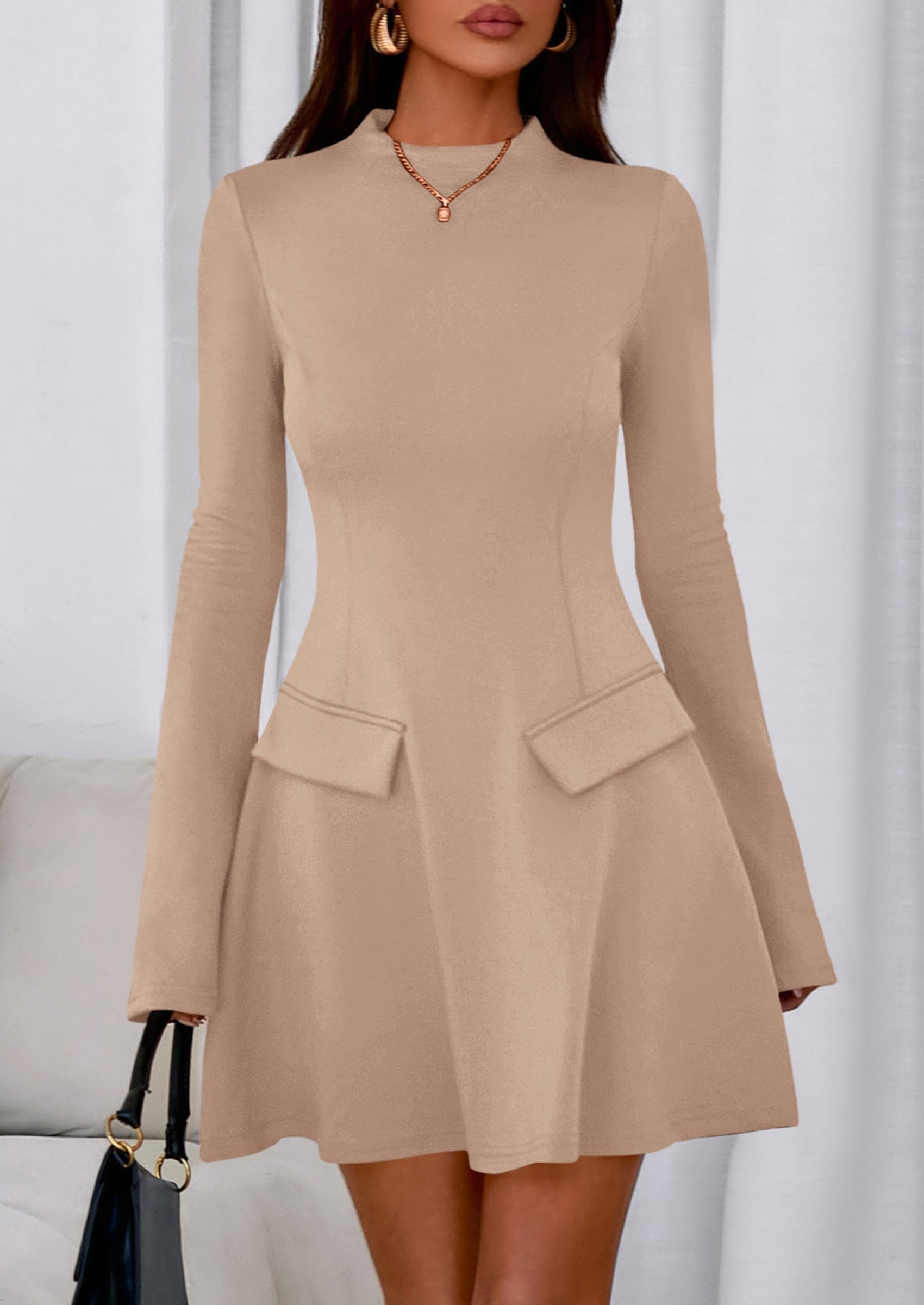 Women's Fall Bell Sleeve Short Dress,Khaki,XS