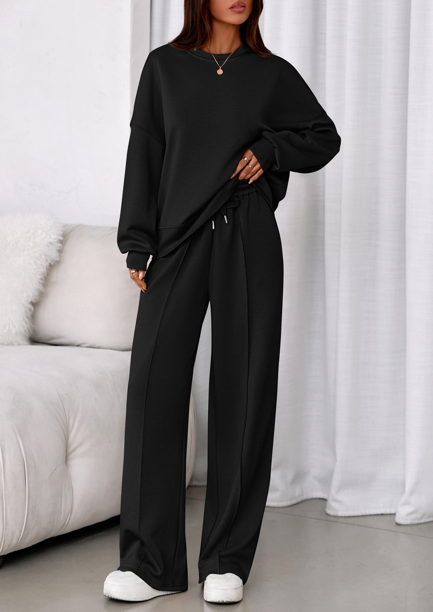 Womens Long Sleeve Sweatshirt 2 Piece Sets,Black,S