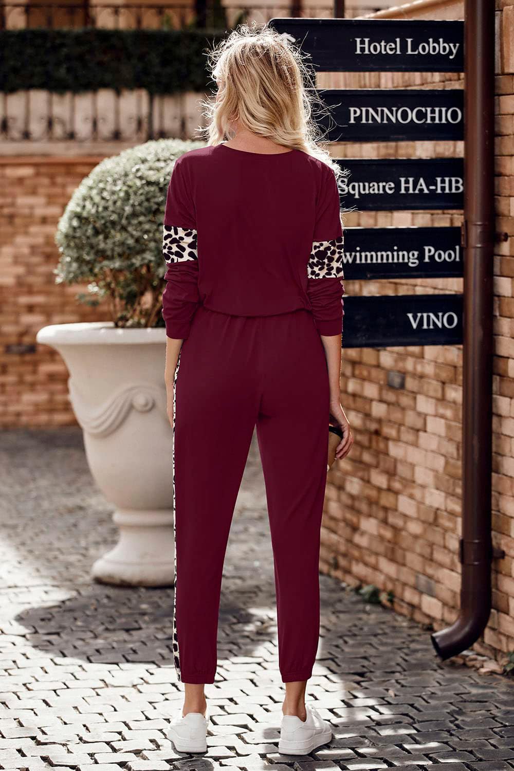 Women Color Block 2 Piece Sets Tracksuit,Leopard Wine Red,S