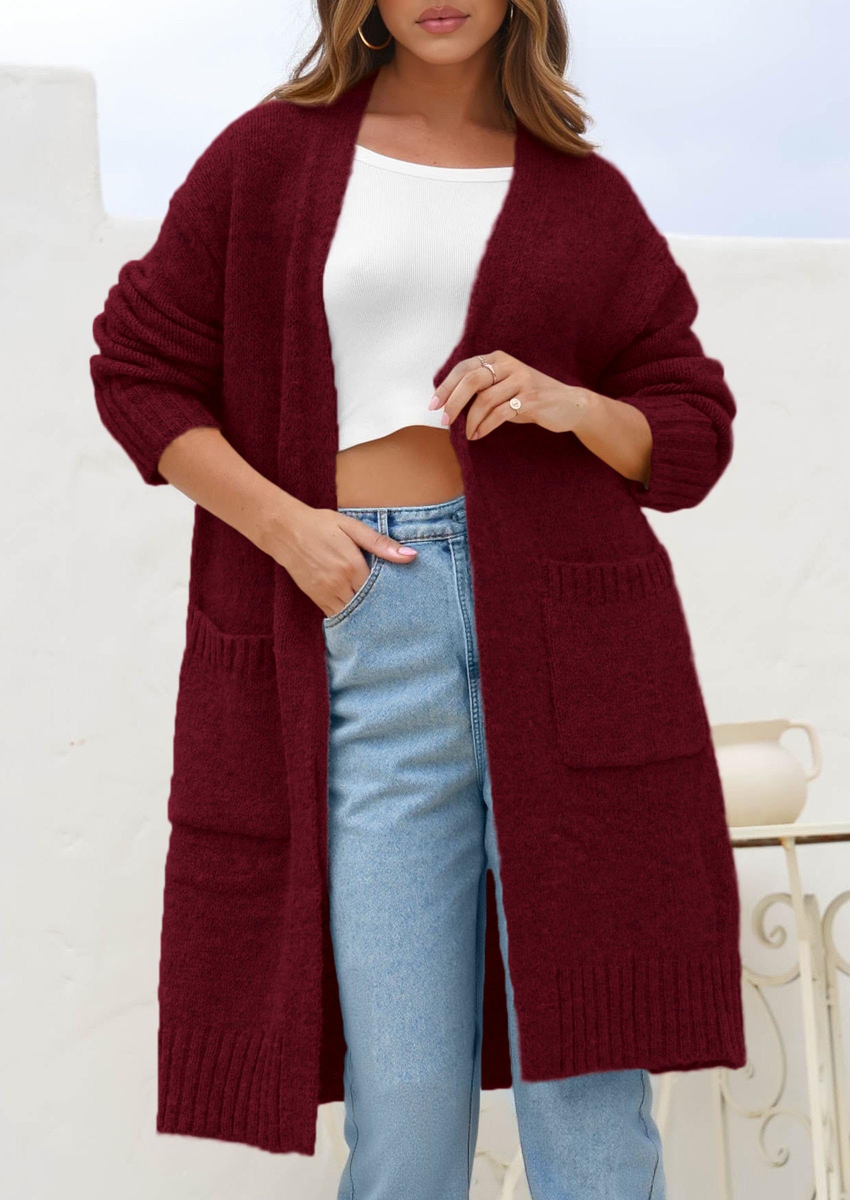 Open Front Cardigan Sweaters for Women,Wine Red,S