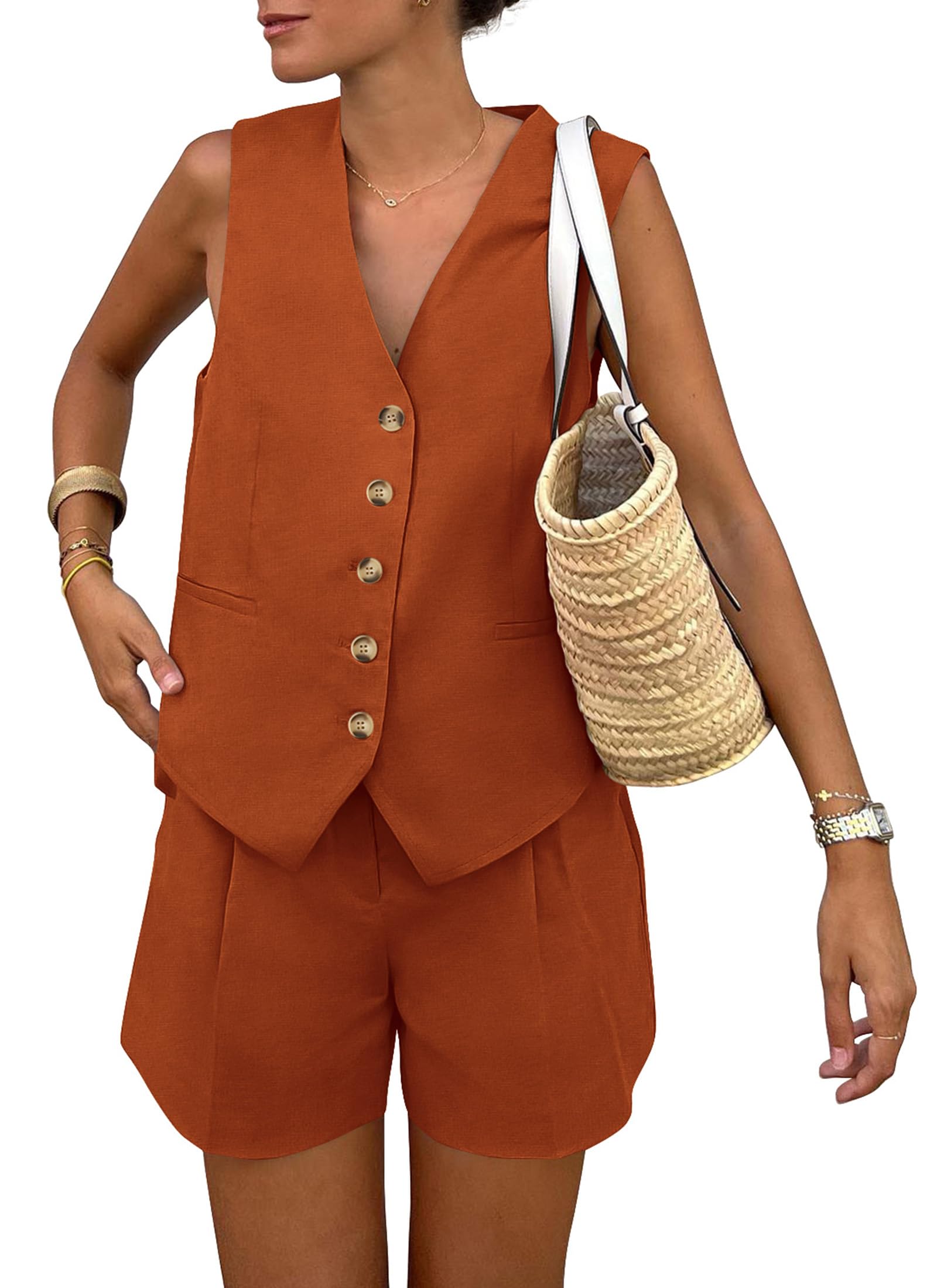 Women's Summer Two Piece Outfits Sets (Brick Red,X-Small)