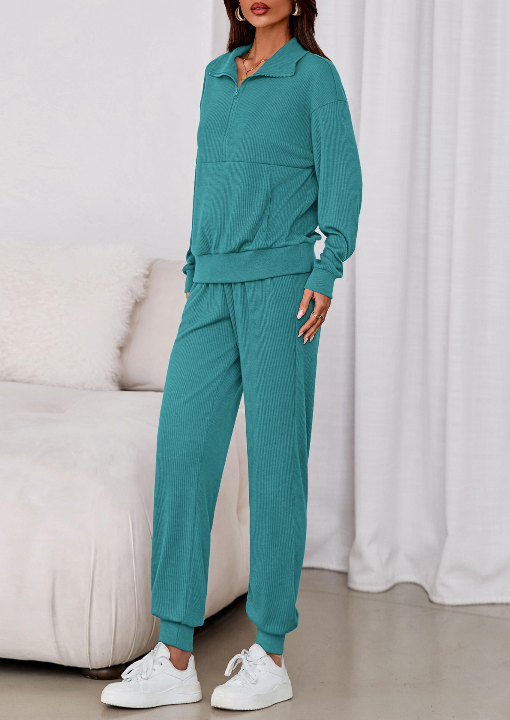 Airport Travel Outfit Women Ribbed Knit Matching Lounge Sets
