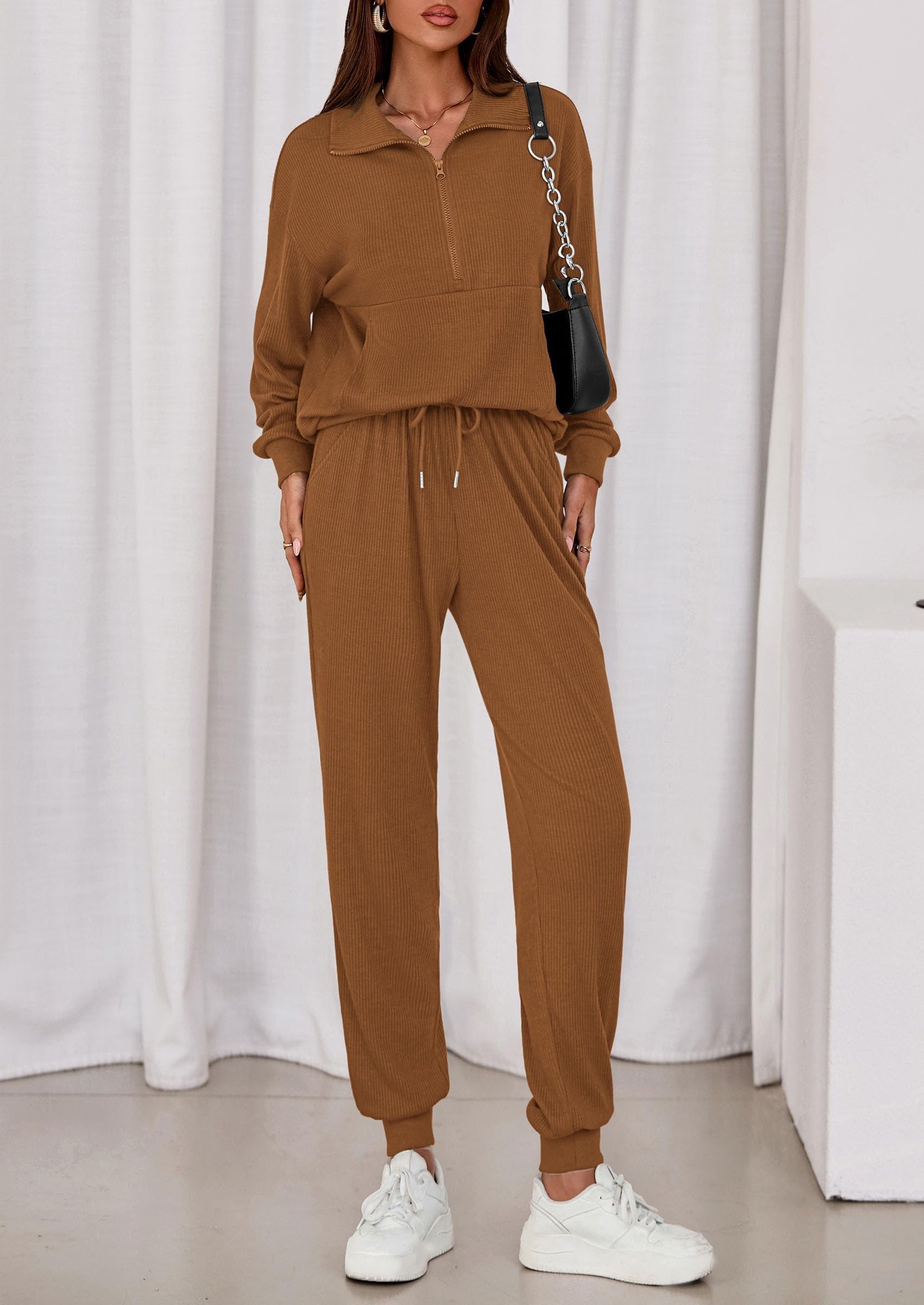 Airport Travel Outfit Women Ribbed Knit Matching Lounge Sets