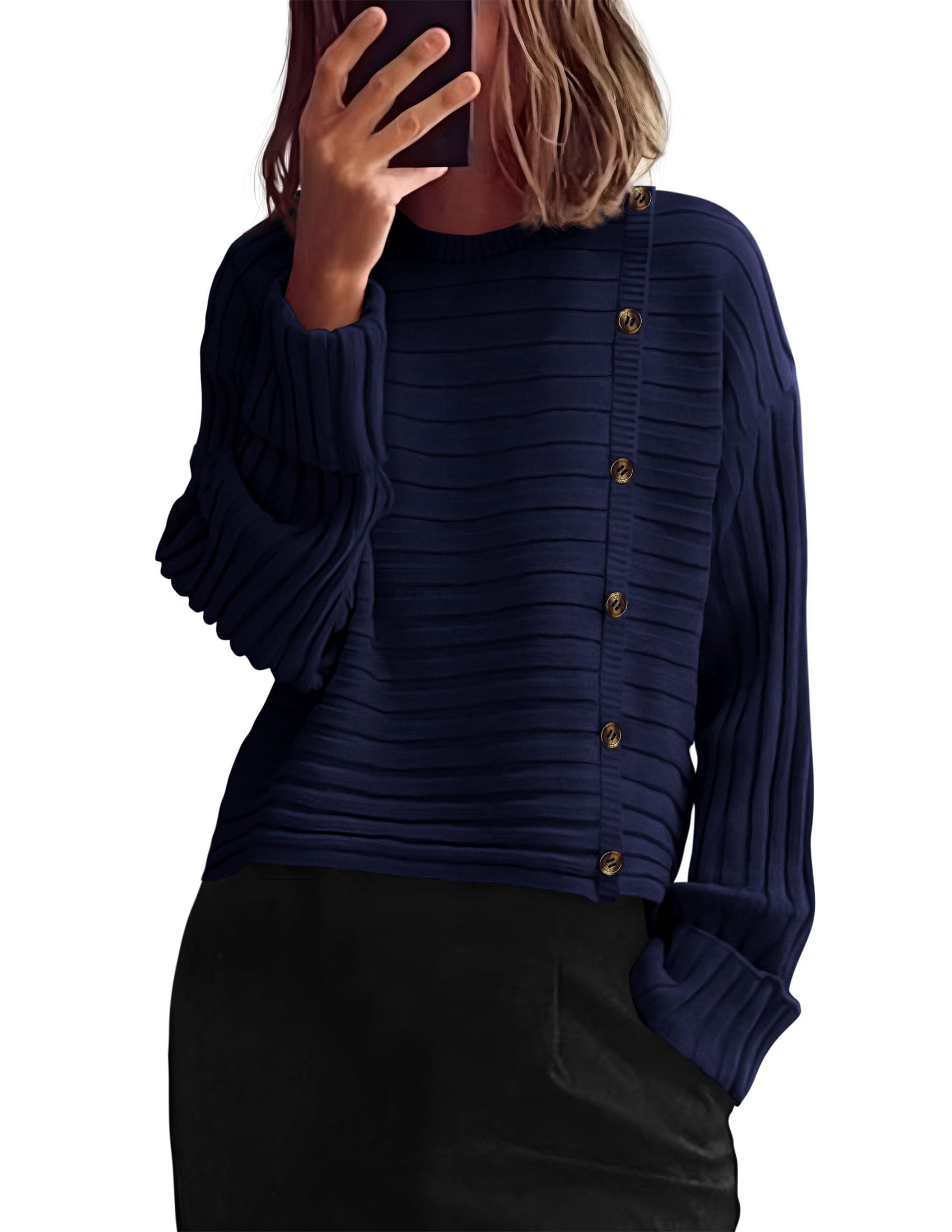 Womens Asymmetric Button Long Sleeve Sweater,Navy,S