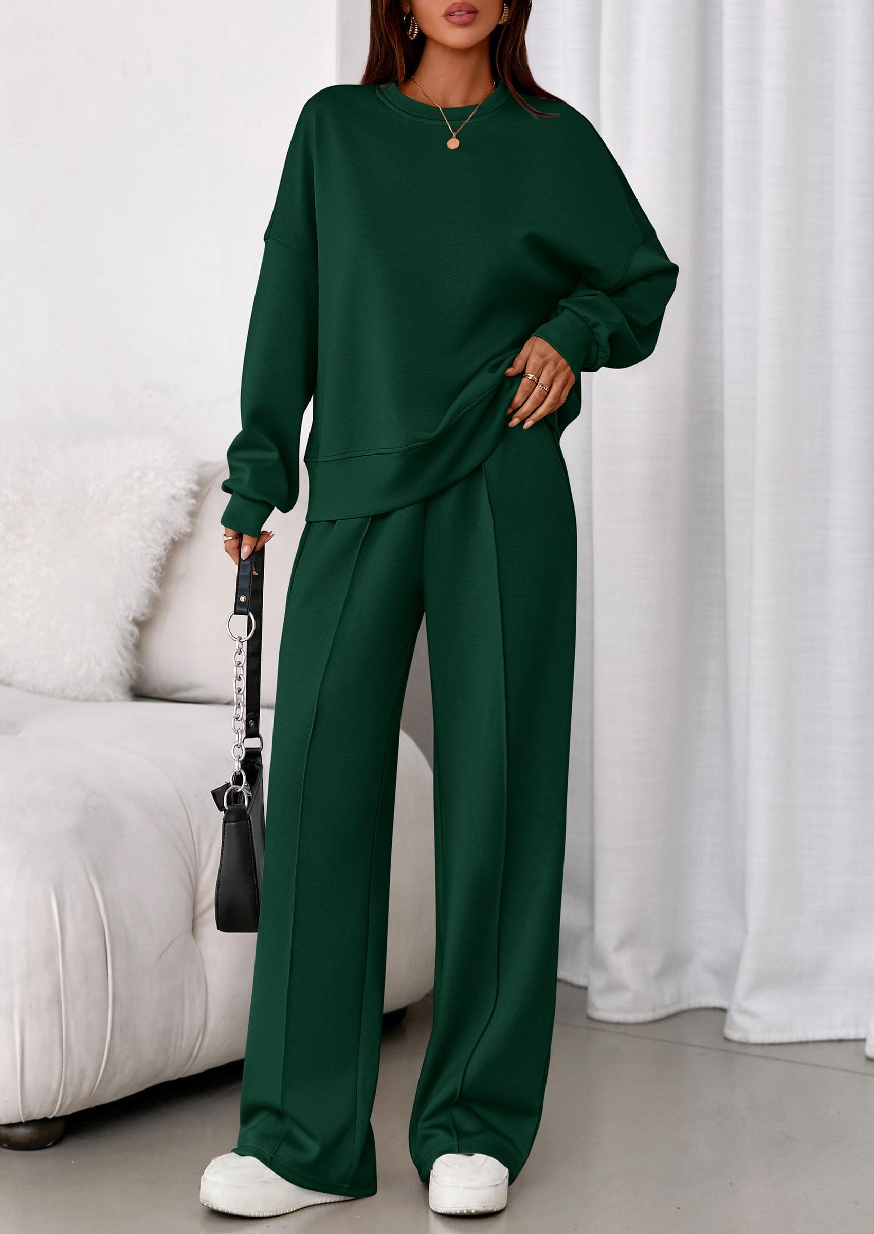Womens Long Sleeve Sweatshirt 2 Piece Sets,Dark Green,S