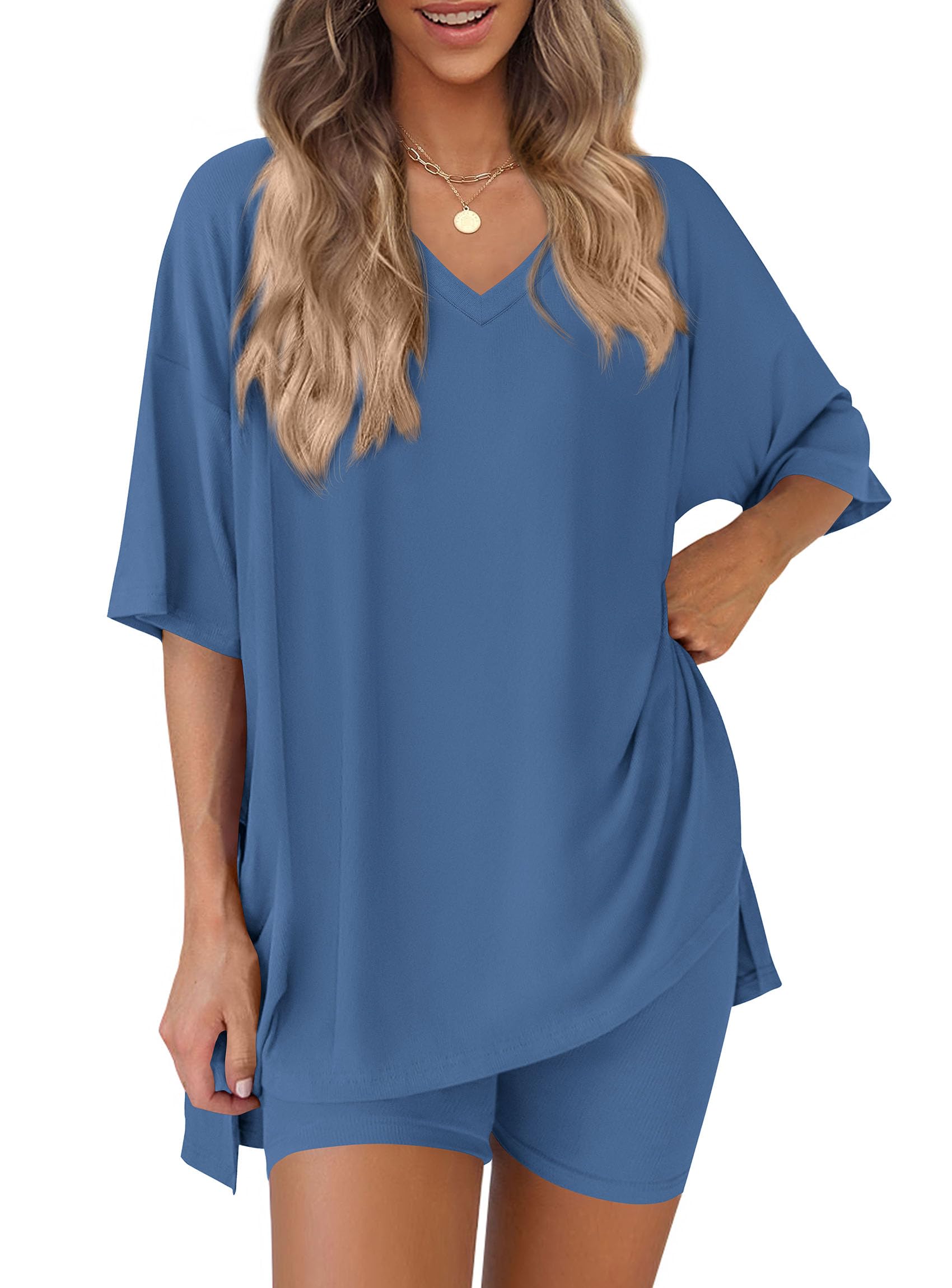 Womens 2 Piece Outfit Lounge Short Sets,Blue,S