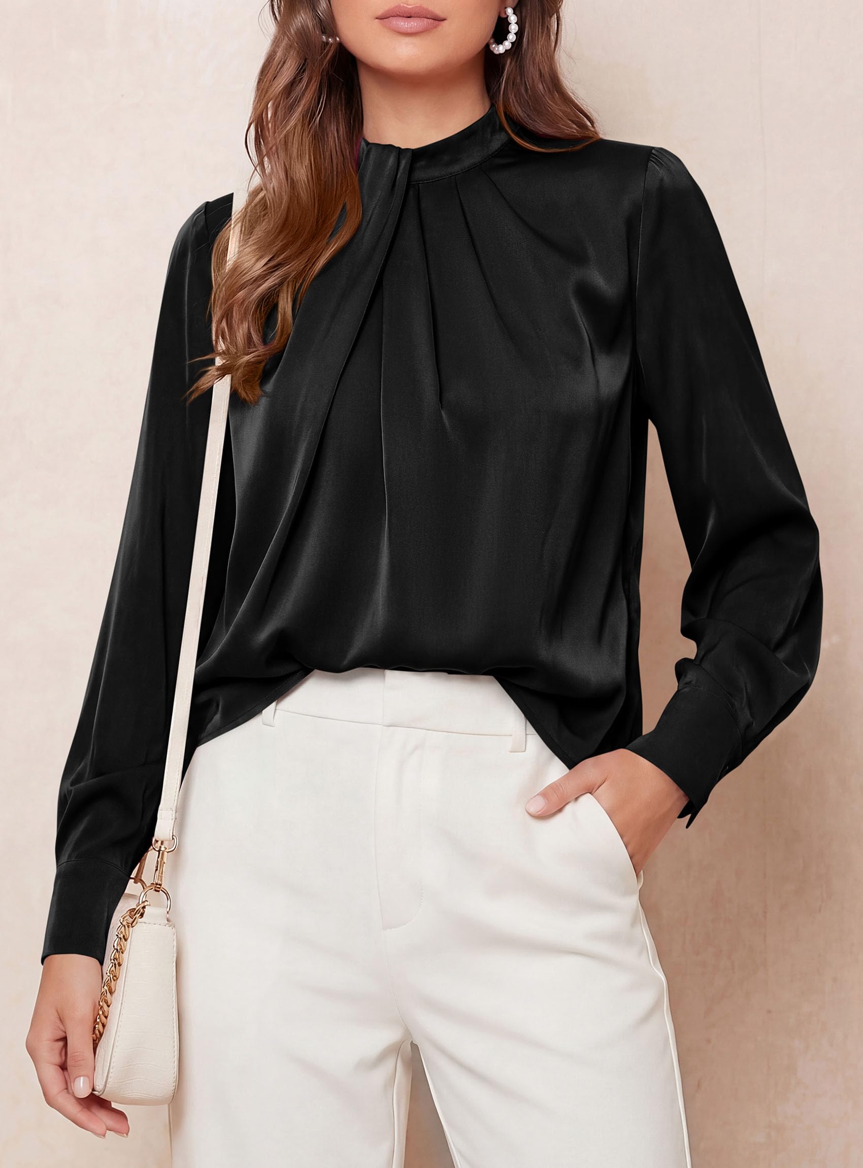 Satin Blouses for Women Dressy Casual Long Sleeve Shirts Black