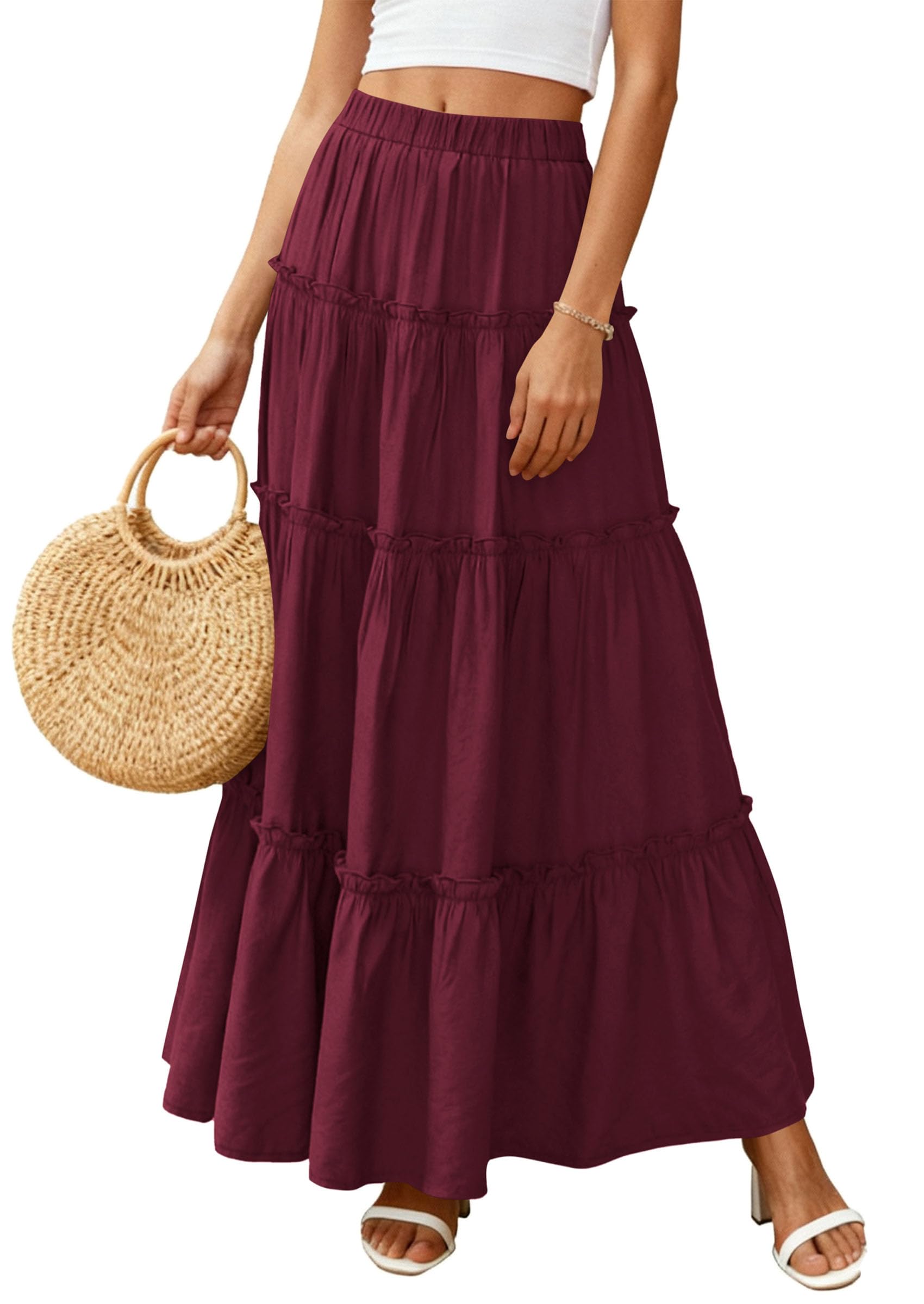 Women's Boho Tiered Ruffle Flowy Maxi Skirt, Burgundy,S