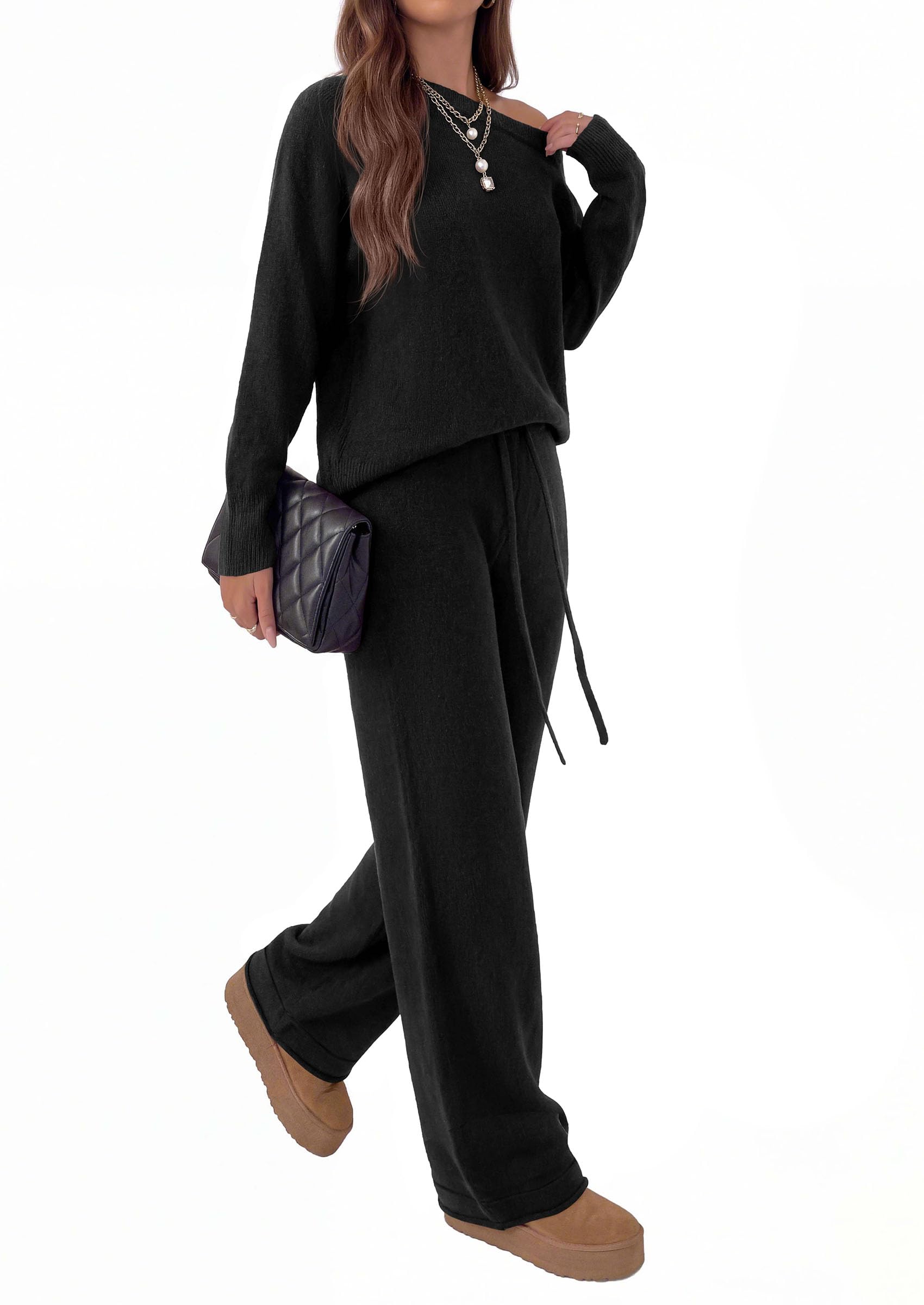 Lounge Sets Womens Sweaters Two Piece Outfits (Black,L)