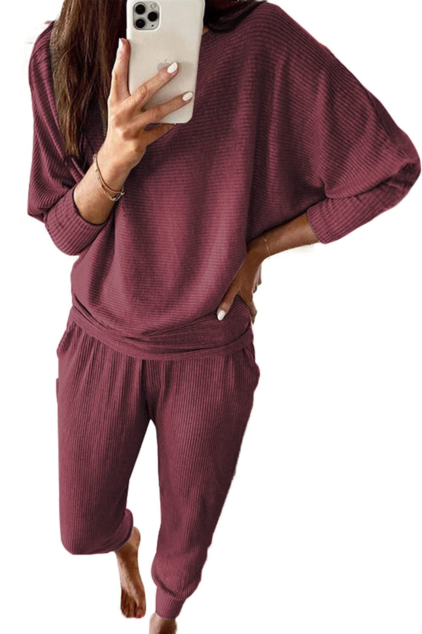 Women's 2 Piece Outfit Matching Lounge Set, Wine Red,S