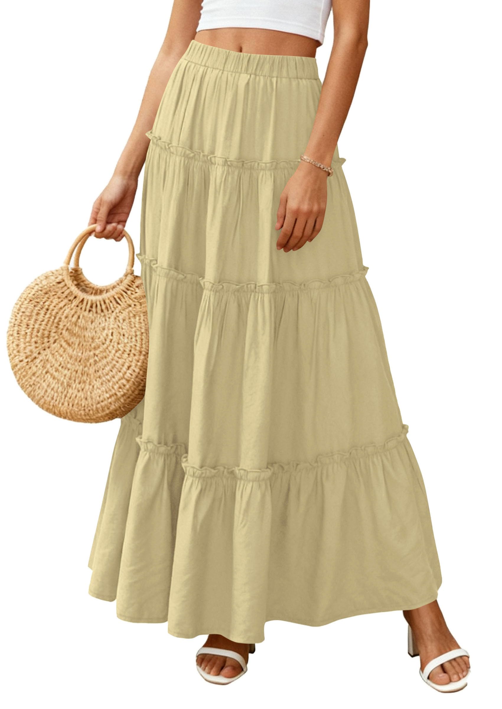 Women's Boho Tiered Ruffle Flowy Maxi Skirt, Yellow,S