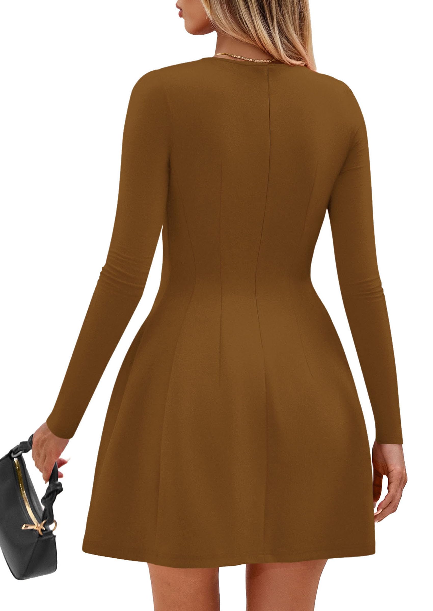Womens Long Sleeve Pleated Mini Dress,Coffee,XS