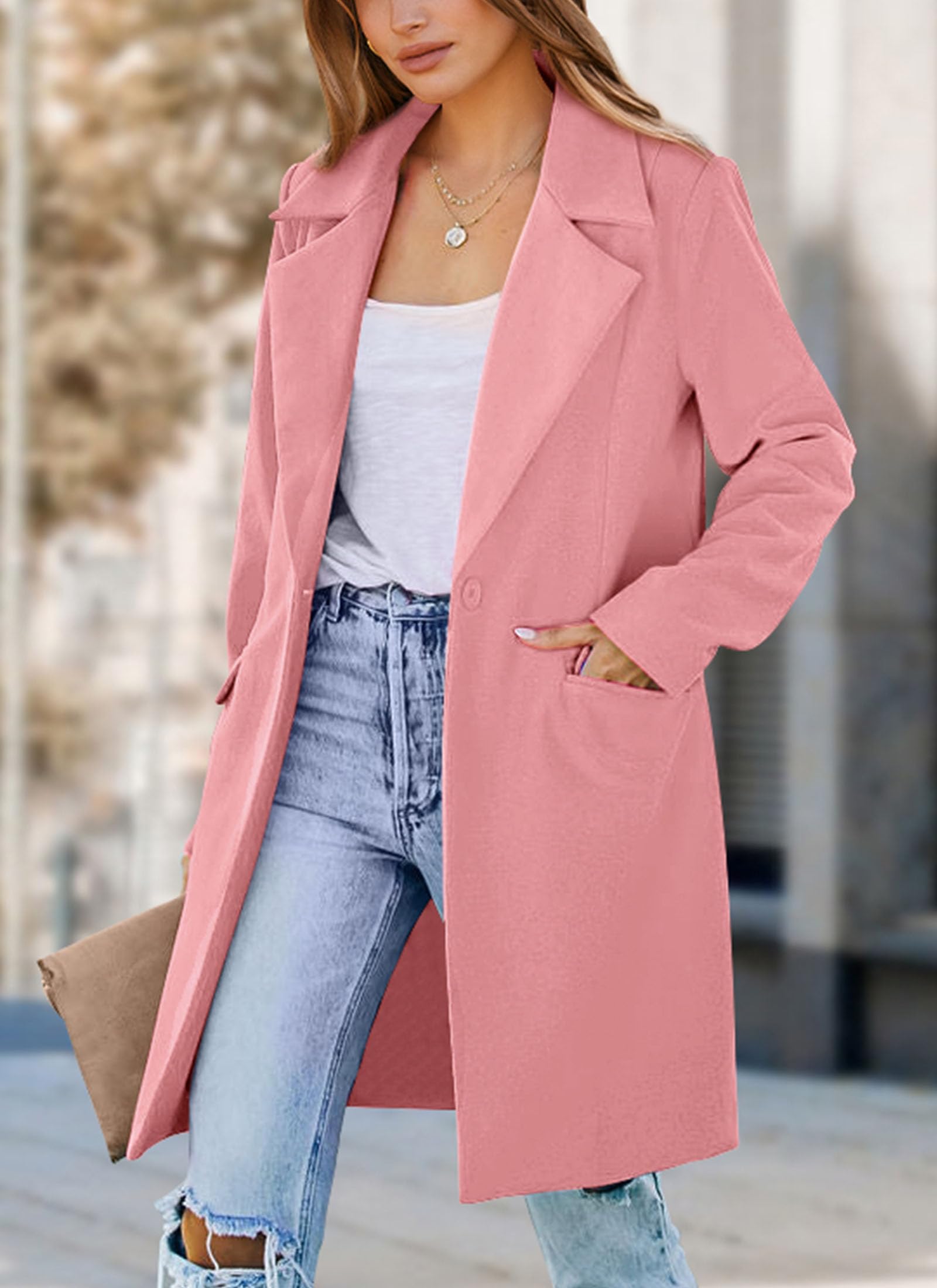 Women's Business Casual Long Blazer Jackets(Dusty Pink,S)