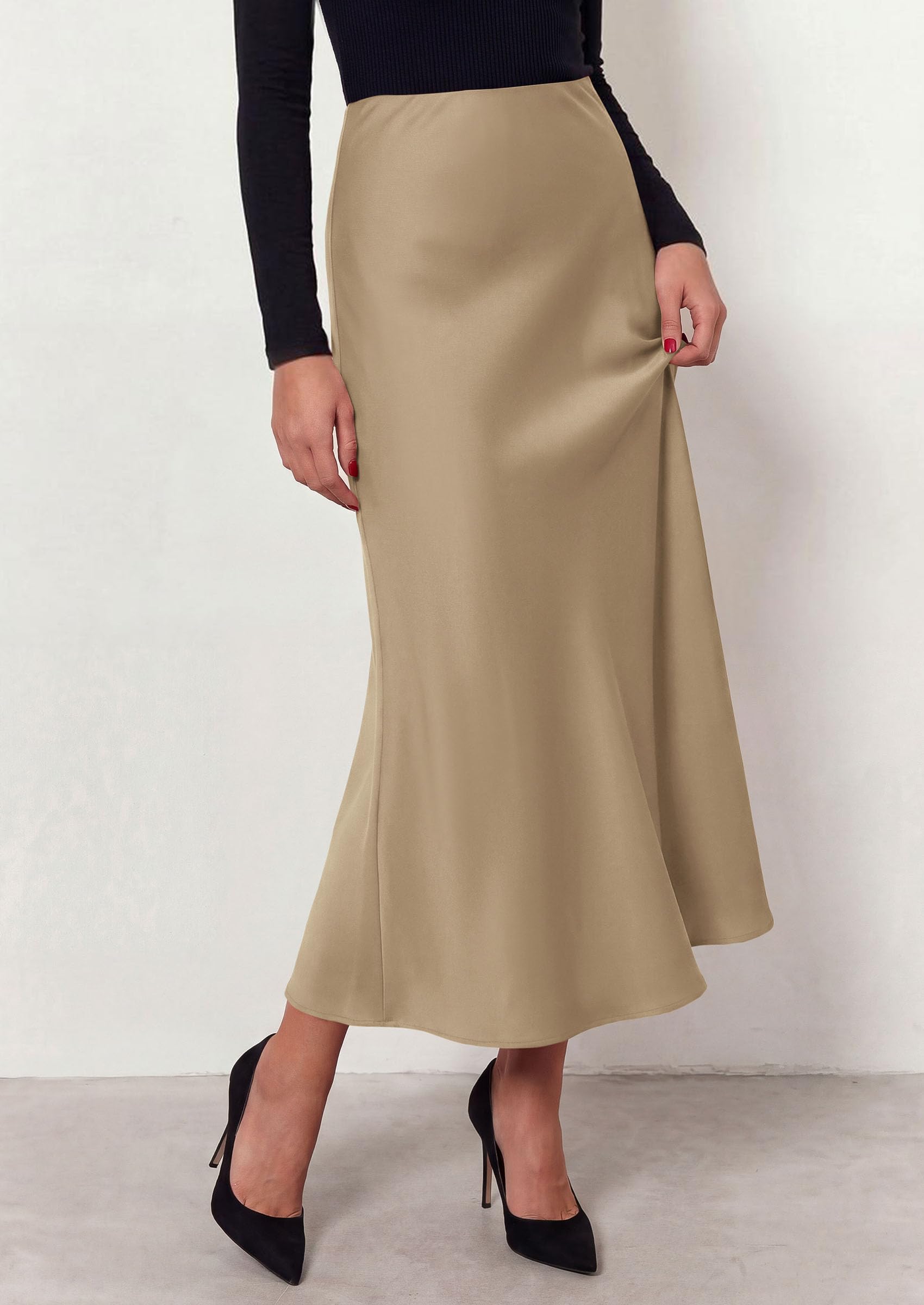 Women's Silk Satin Maxi Skirts Fall Clothes (Khaki,S)