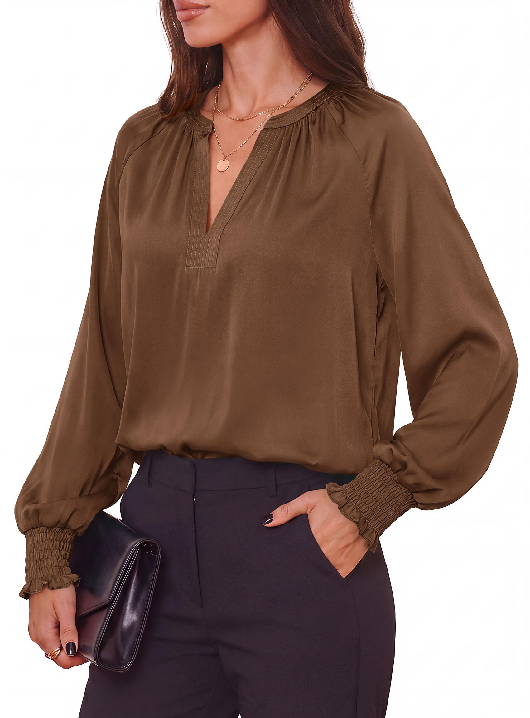 Women's Satin Blouses V Neck Long Sleeve Tops,Brown,S