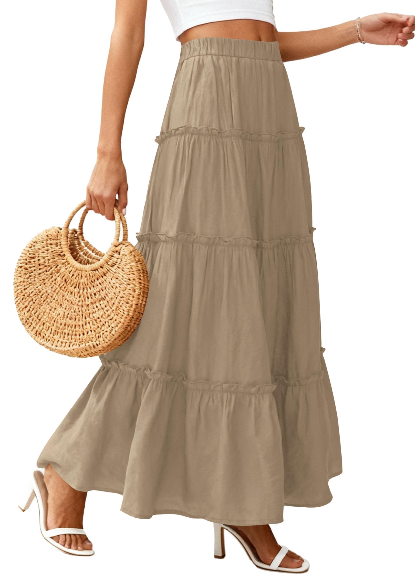 Women's Boho Tiered Ruffle Flowy Maxi Skirt, Khaki,XL