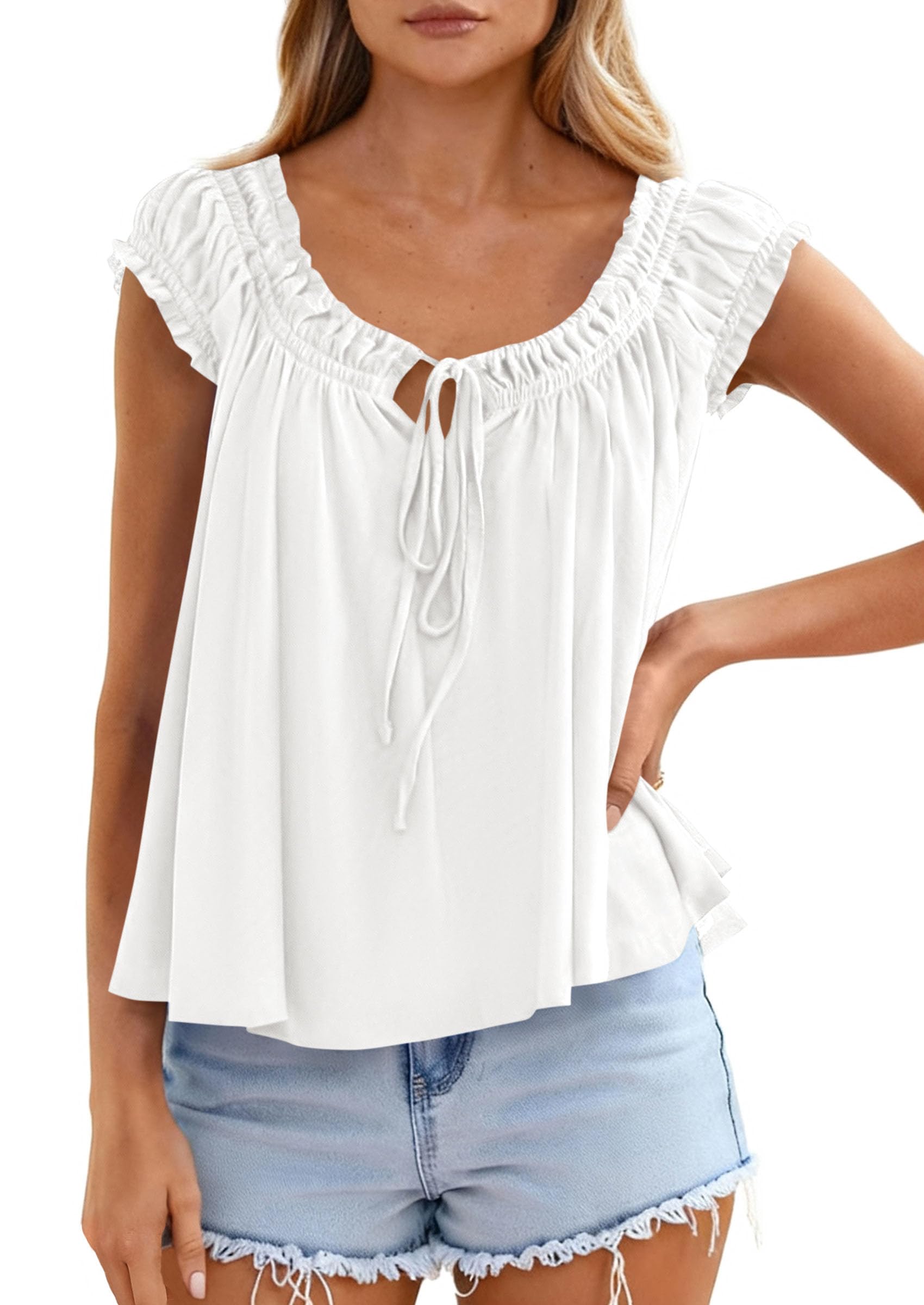 Womens Summer Tank Tops Babydoll Peplum Blouses,White,L