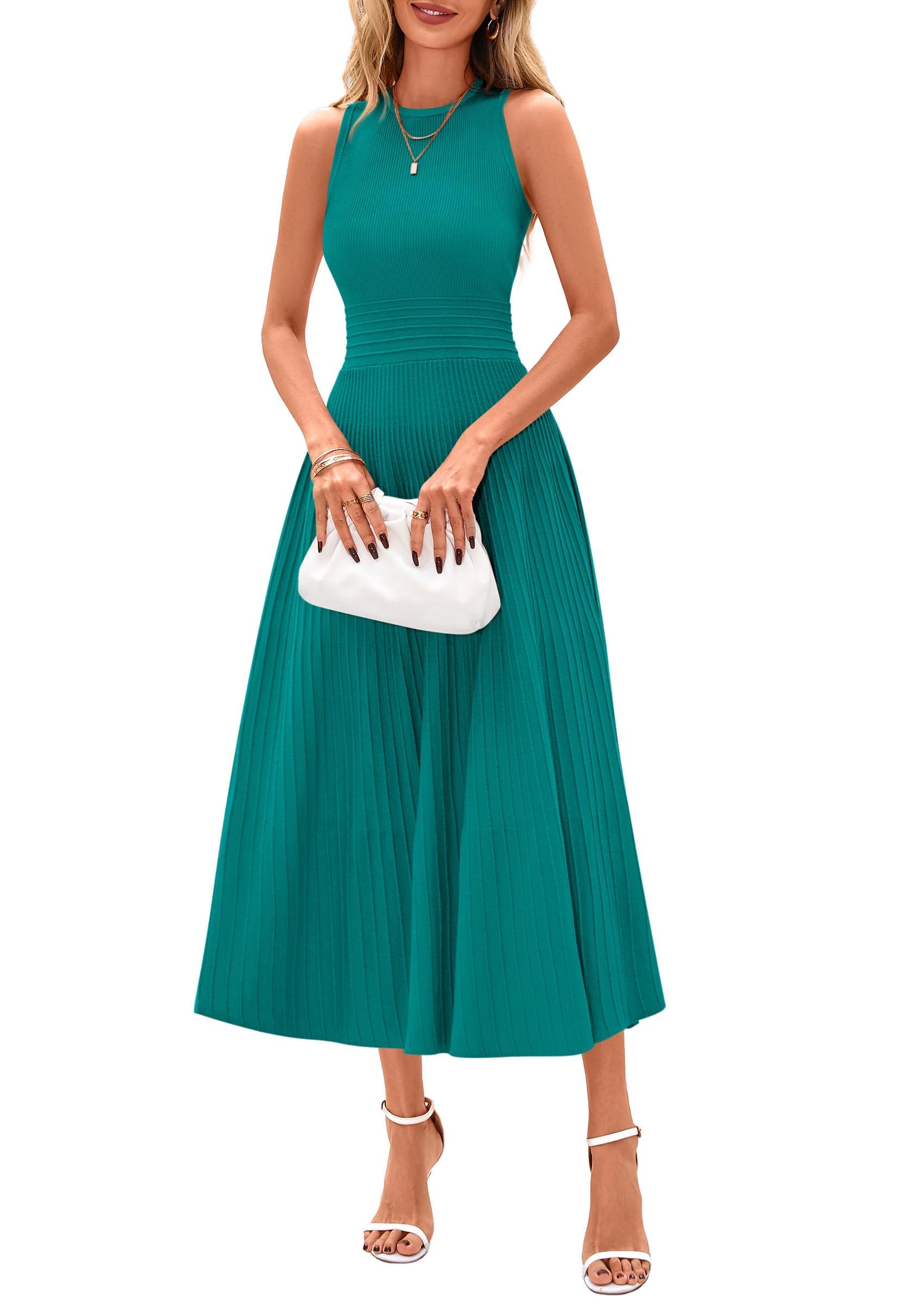 Women's Summer Pleated Midi Work Dress,Blue Green,S