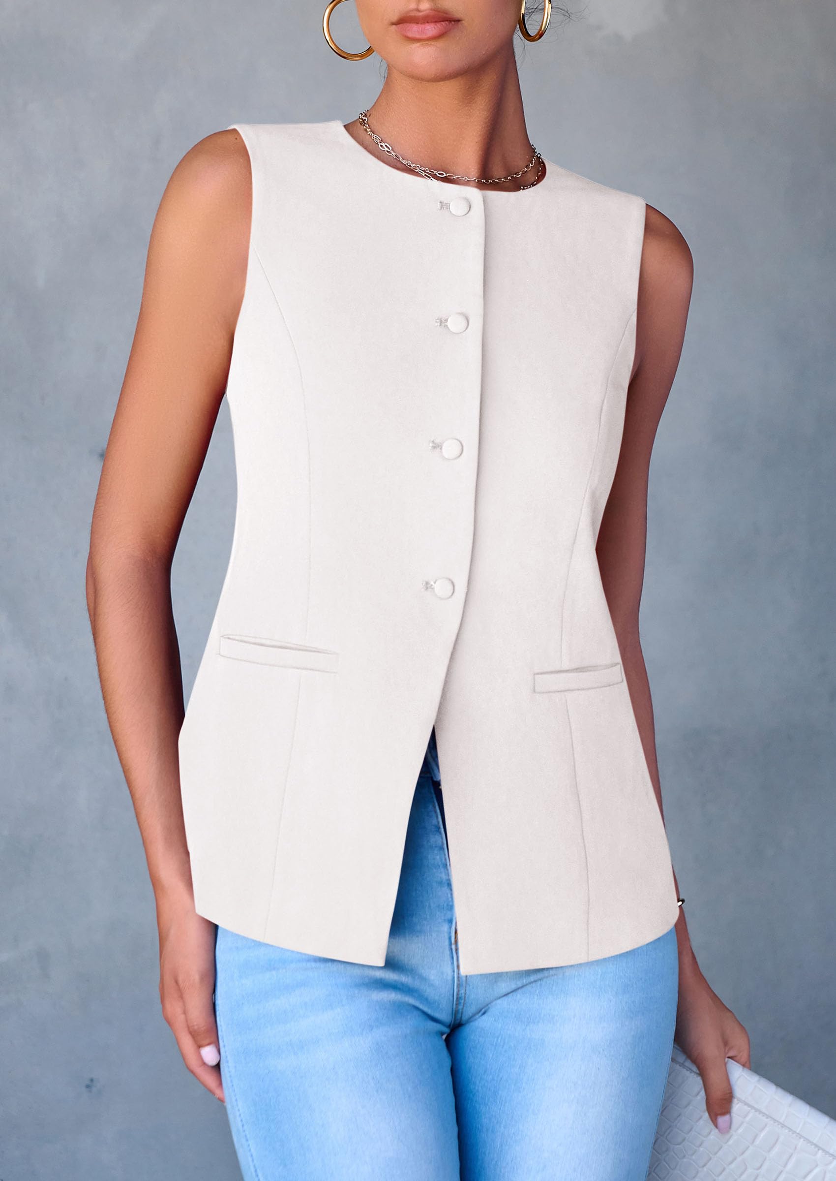 Women Tailored Suit Vest Business Casual Tops, White,S