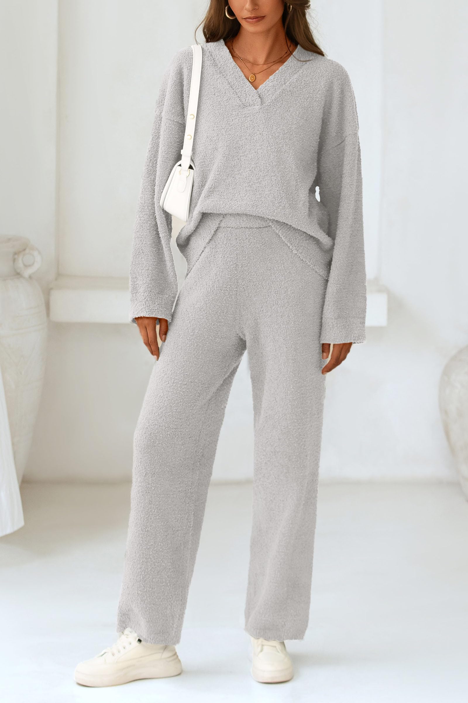 Lounge Sets for Women Fall 2 Piece Fuzzy Sweater Pajama Set