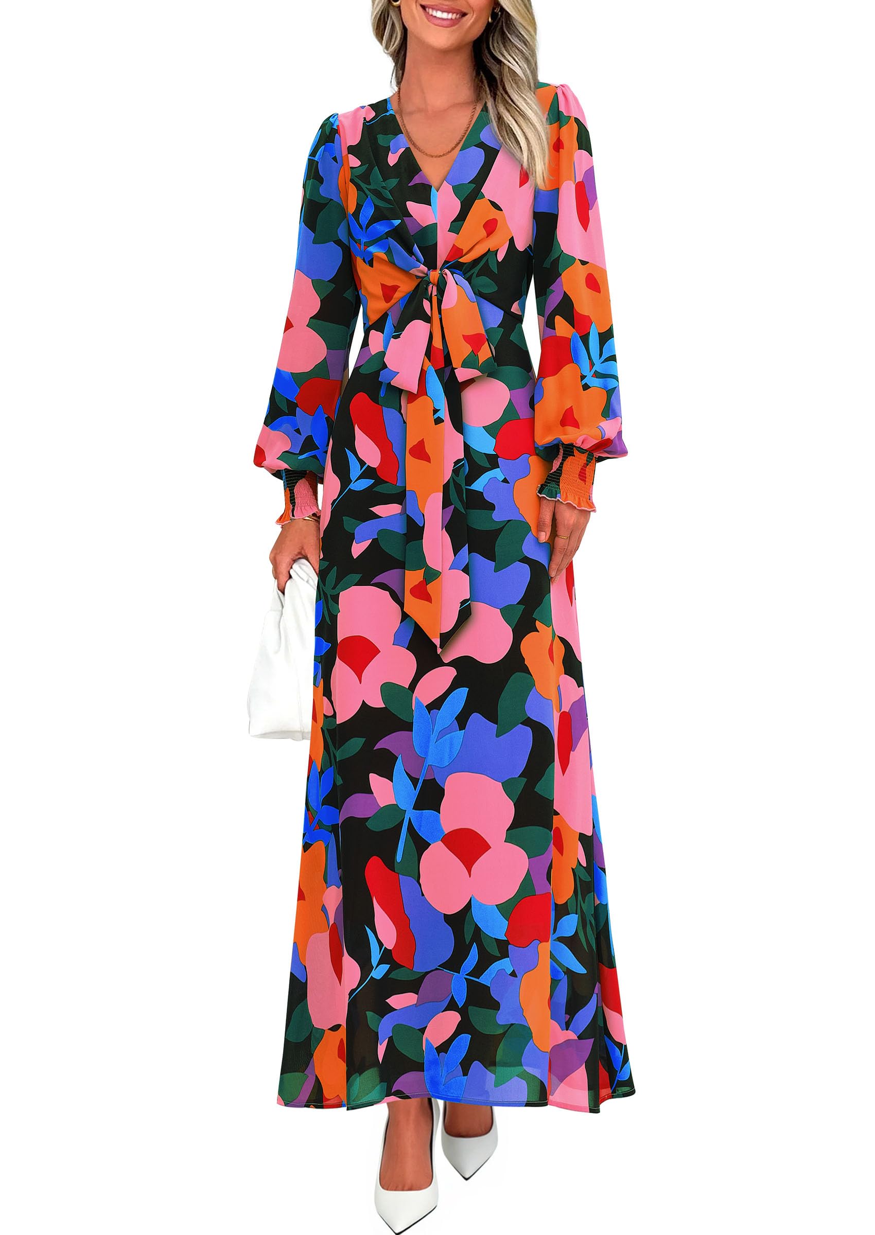 Women's Tie Waist Floral Maxi Dress,Floral Black,S