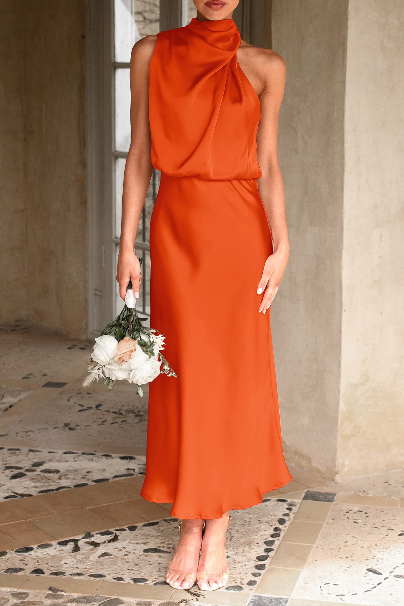Women's Summer Satin Maxi Cocktail Dress Orange
