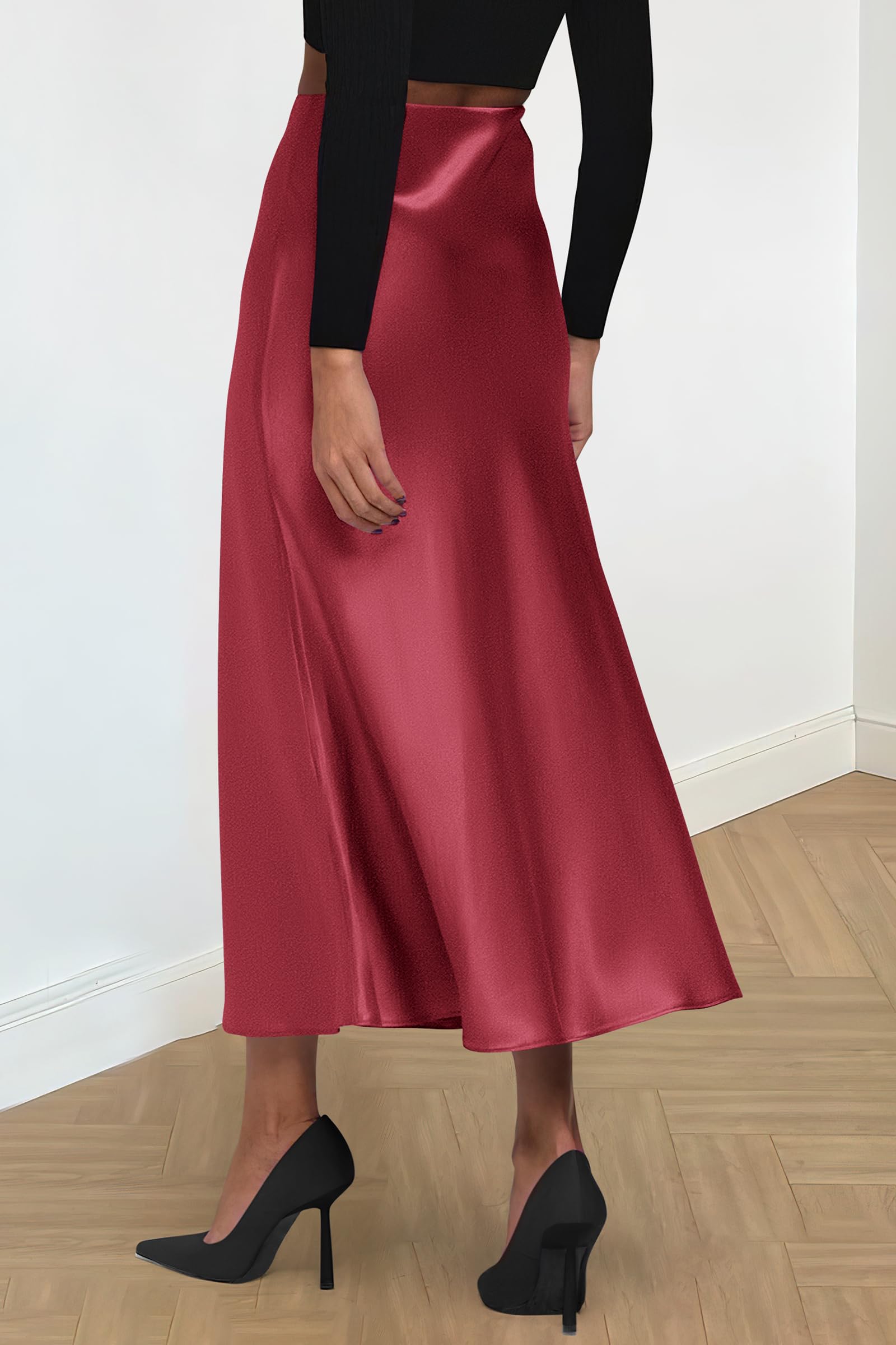 Women's Satin Midi Skirts Dressy Casual,Bean Paste Pink,S