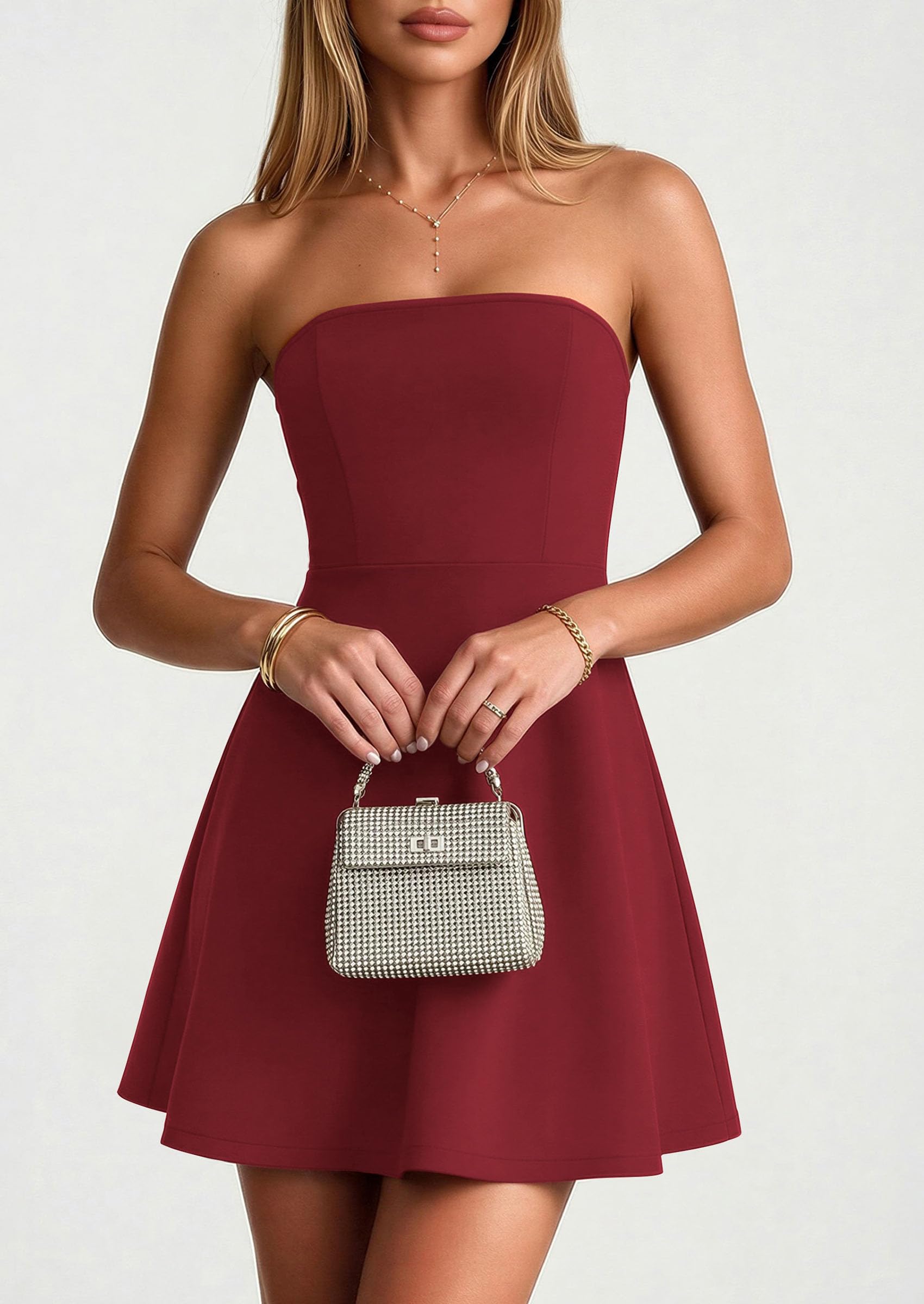 Women's Strapless A Line Mini Summer Dresses Wine Red,XS