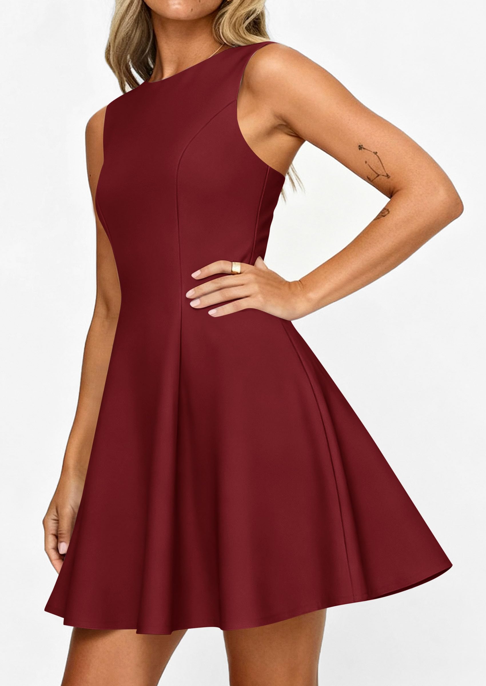 Women's Formal Boat Neck A Line Mini Dress,Burgundy,S