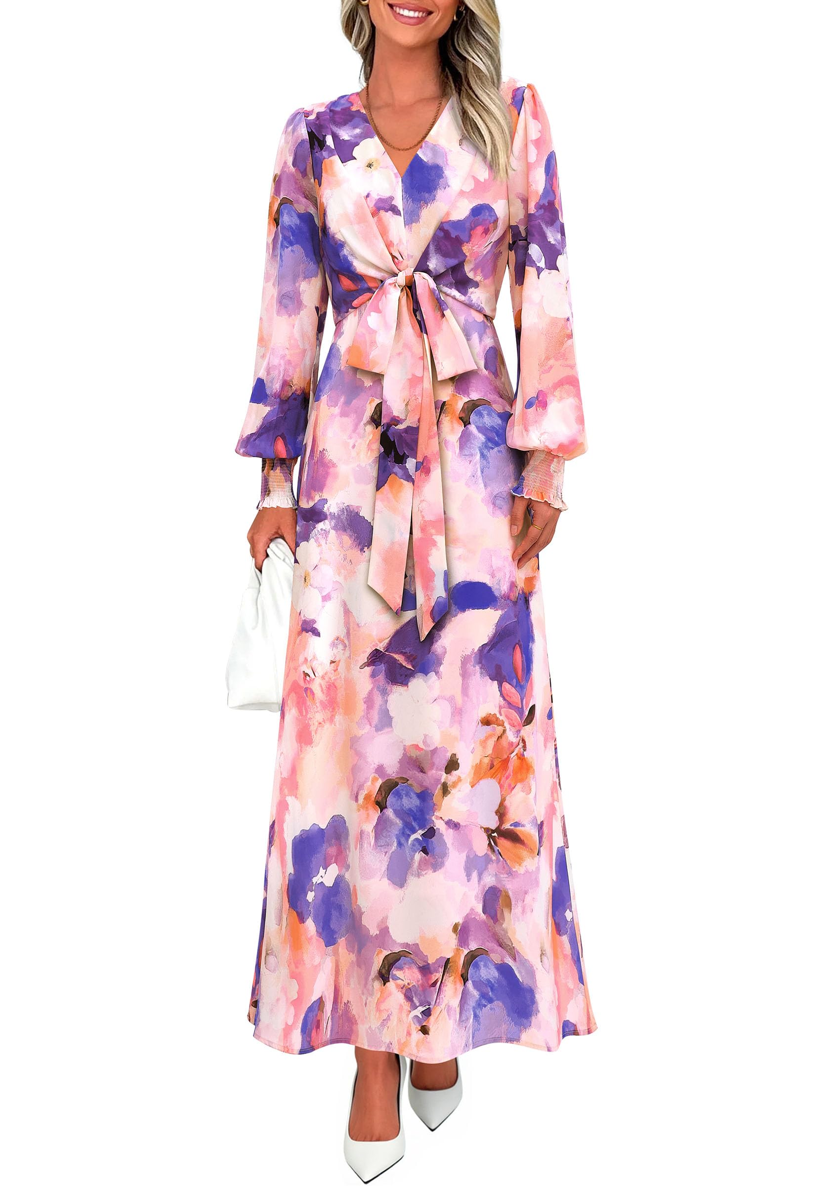 Women's Tie Waist Floral Maxi Dress,Floral Multicolored,S
