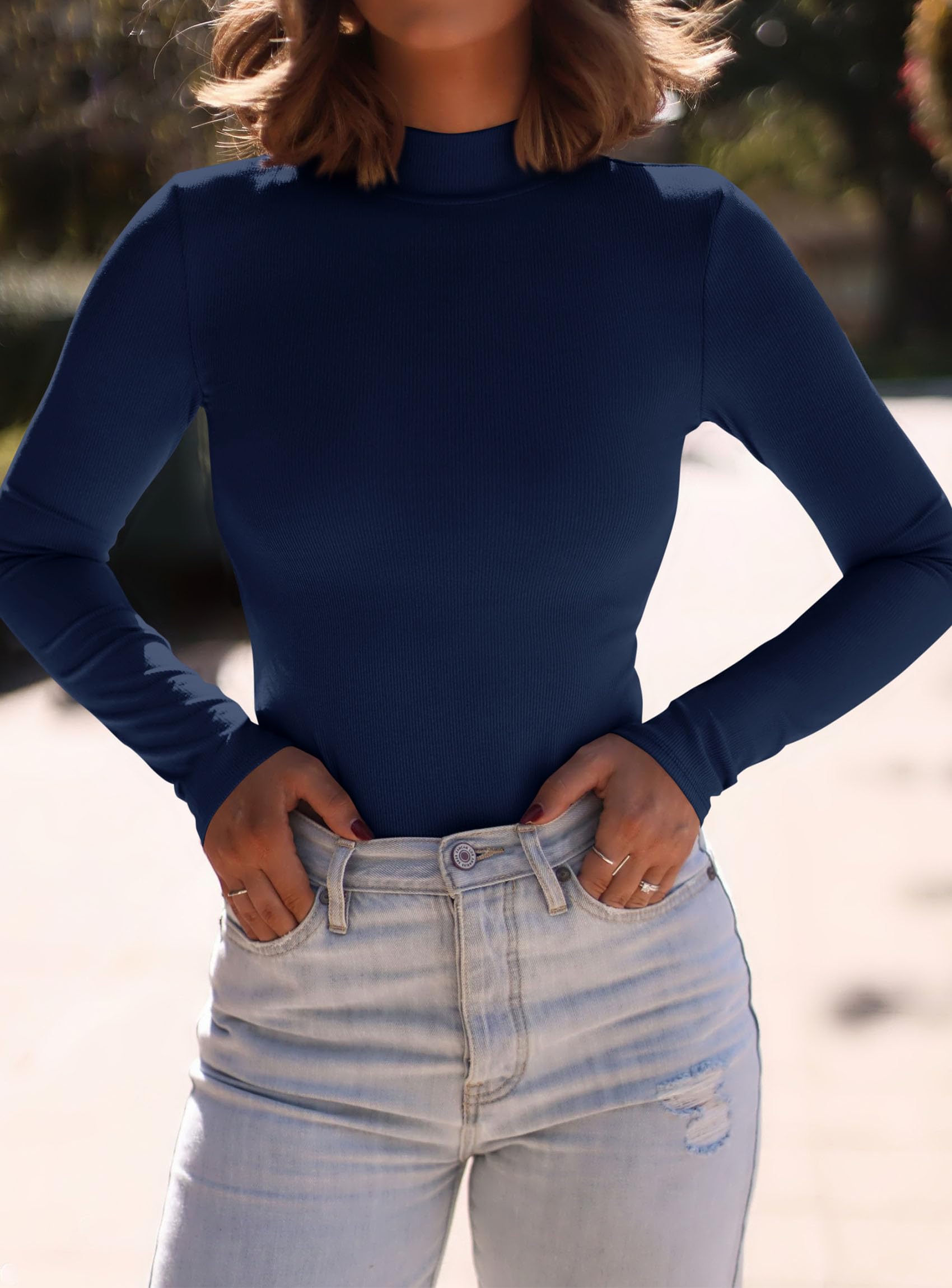 Womens Mock Turtleneck Fall Long Sleeve Shirts,Navy,XS